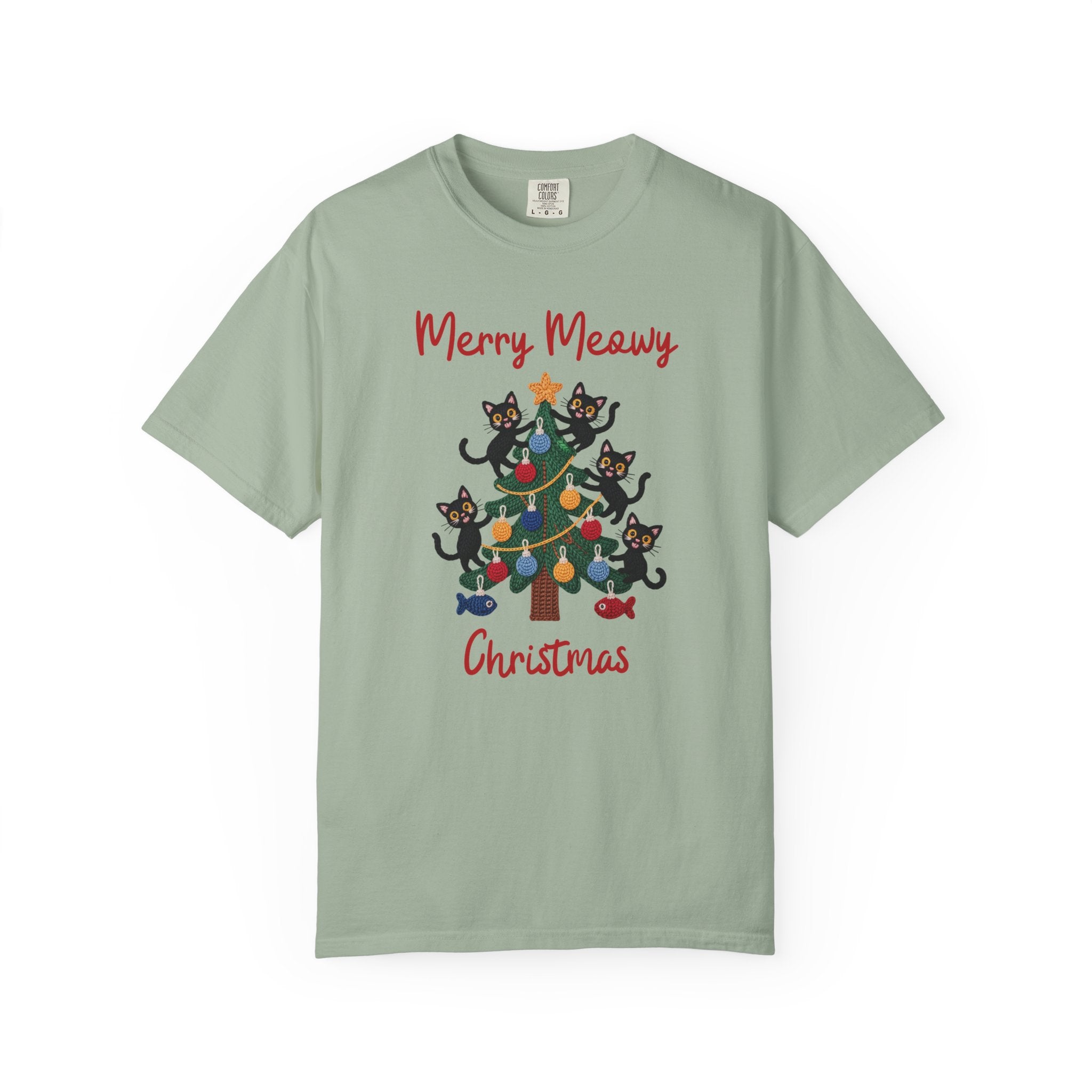 Merry Meowy Christmas Comfort Colors Tee, Cute Cat Christmas Tree Holiday Shirt