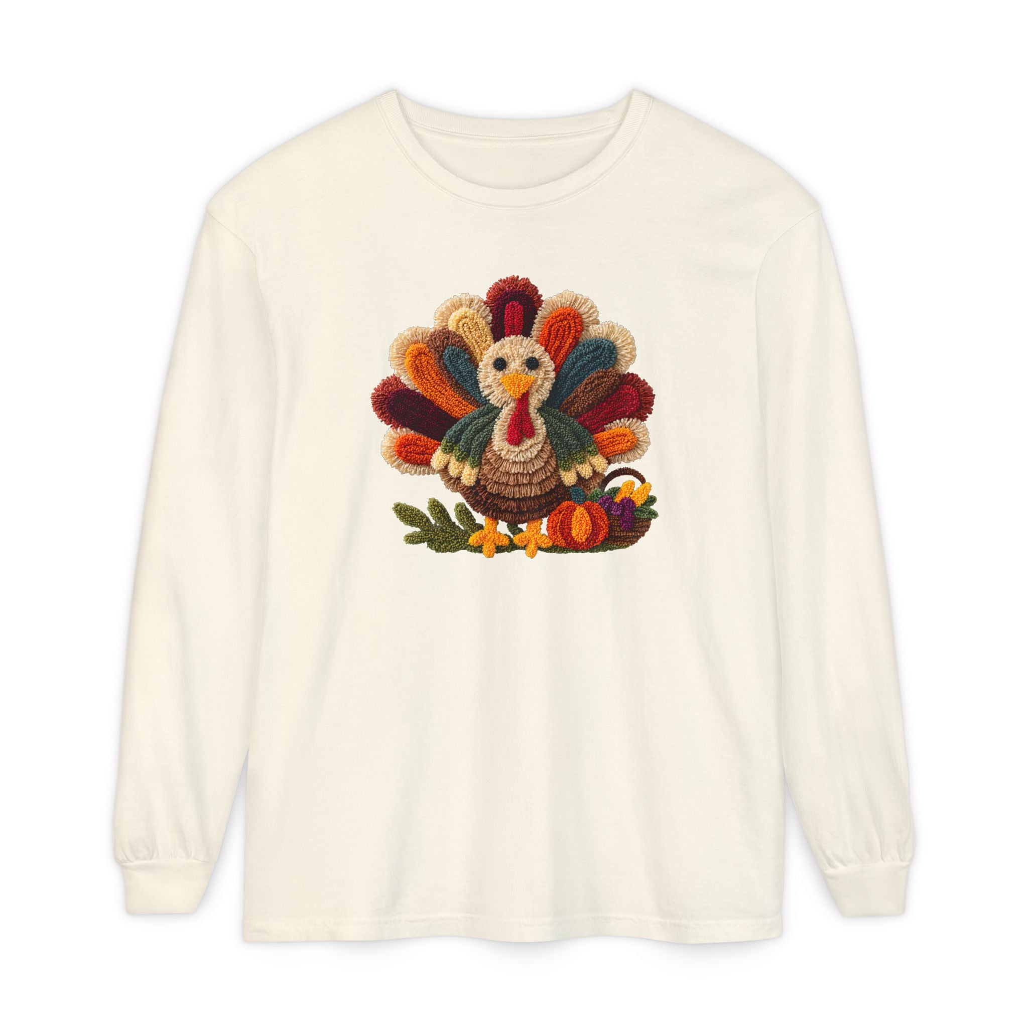 Faux Embroidery Turkey Comfort Colors Long Sleeve T-Shirt, Cute Women's Thanksgiving Shirt