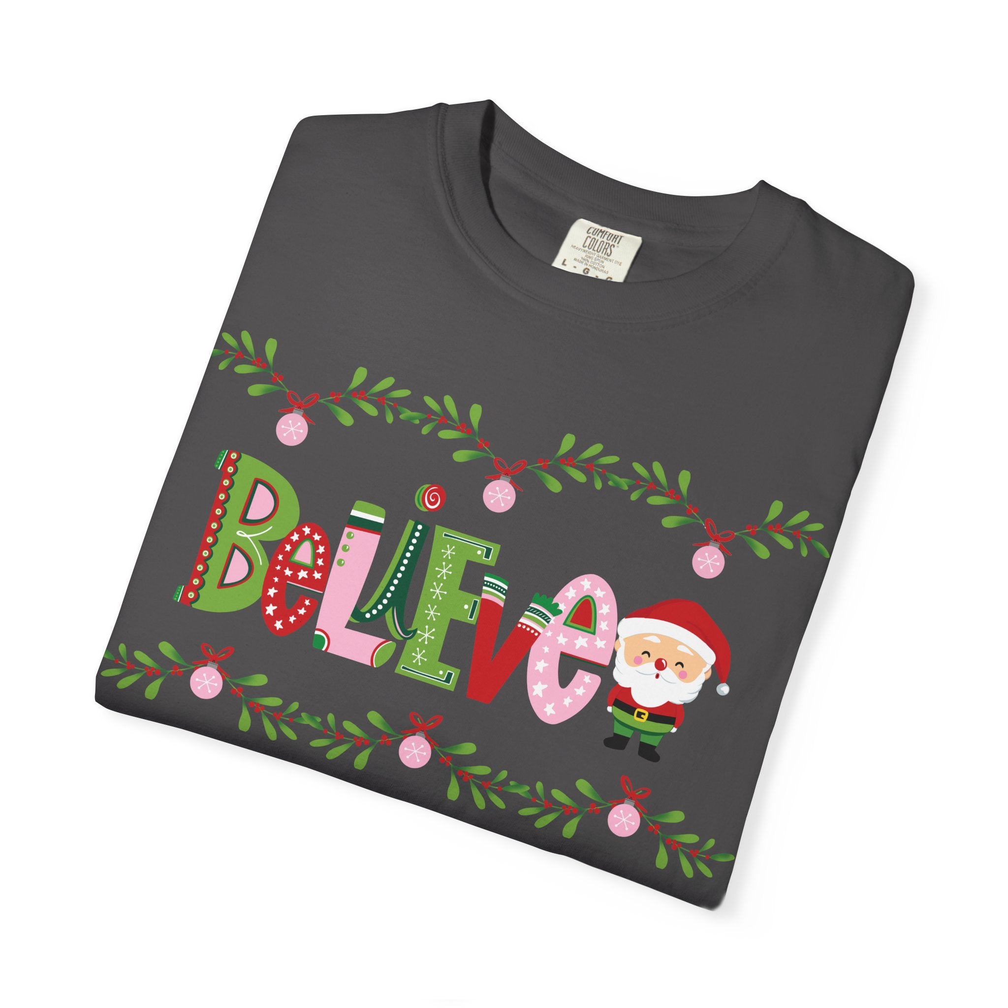Believe Santa Comfort Colors T-shirt, Pink Green Red Christmas Tee, Holiday Shirt