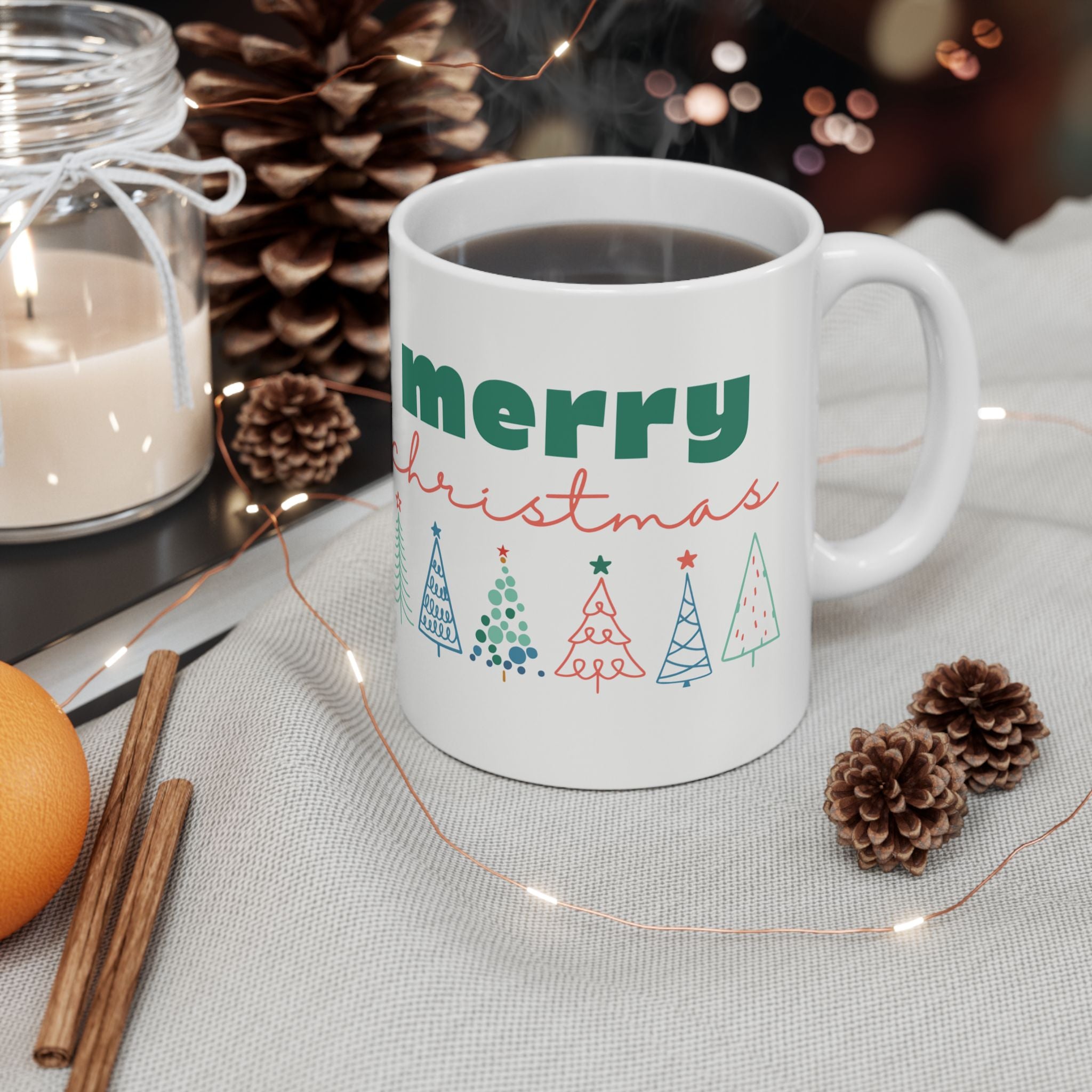 Merry Christmas Line-drawn Christmas Trees Coffee Cup, White Festive Holiday Mug, Holiday Decor, Christmas Celebration