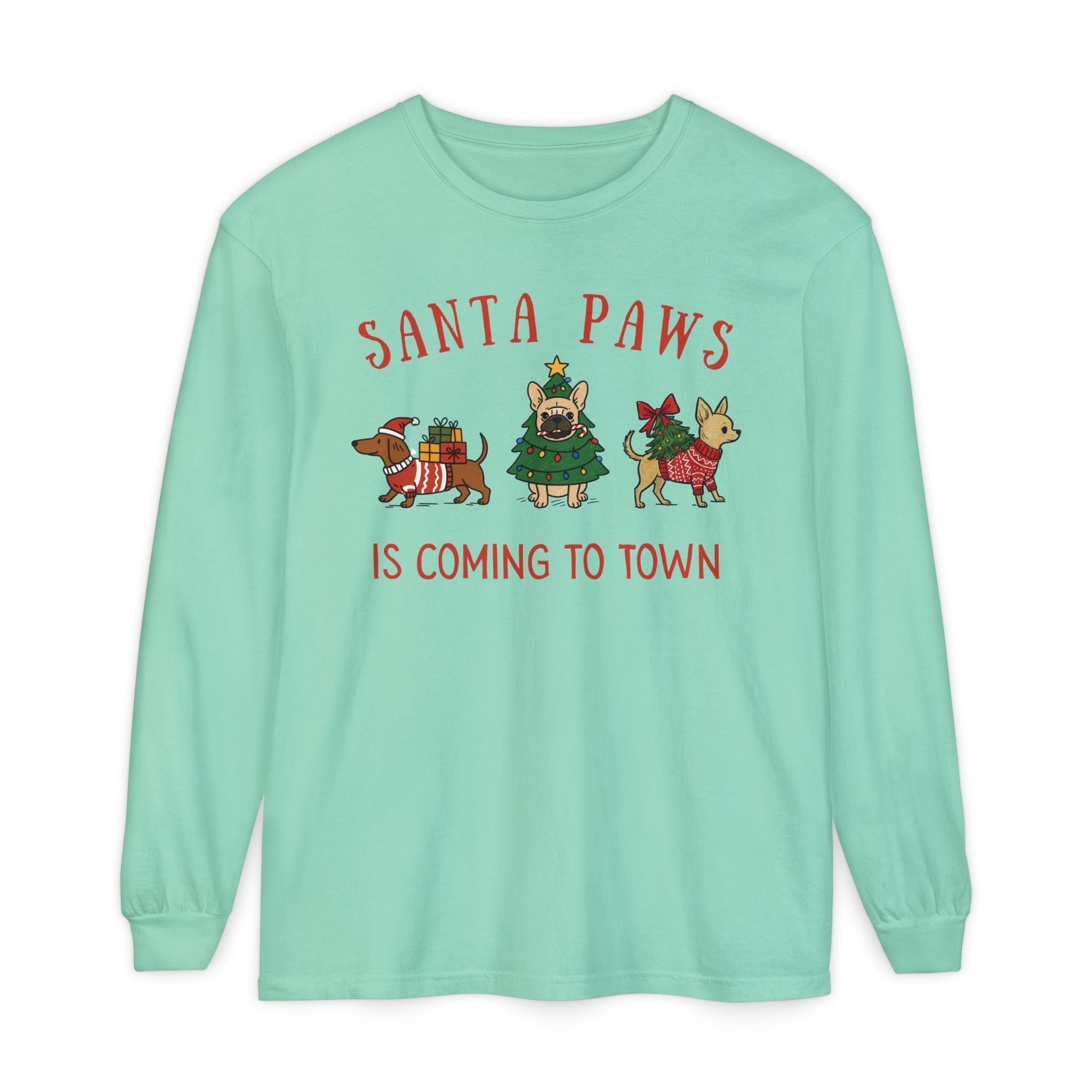 Santa Paws Is Coming To Town Long Sleeve Tee, Christmas Dog t-shirt, Holiday animal shirt