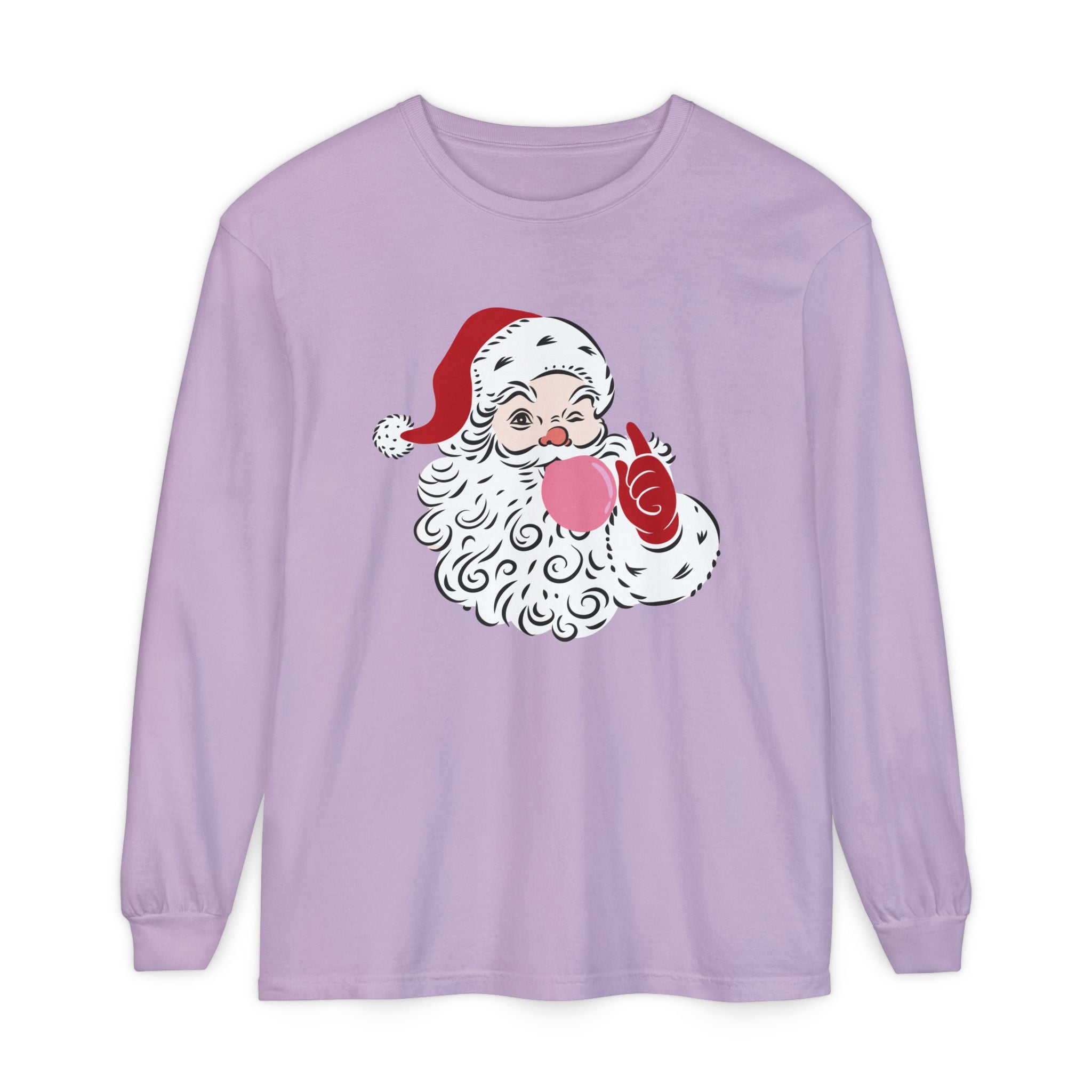 Red Winking Santa Blowing Bubble Comfort Color Long Sleeve T-Shirt. Merry Christmas Tee, Woman's Holiday Shirt