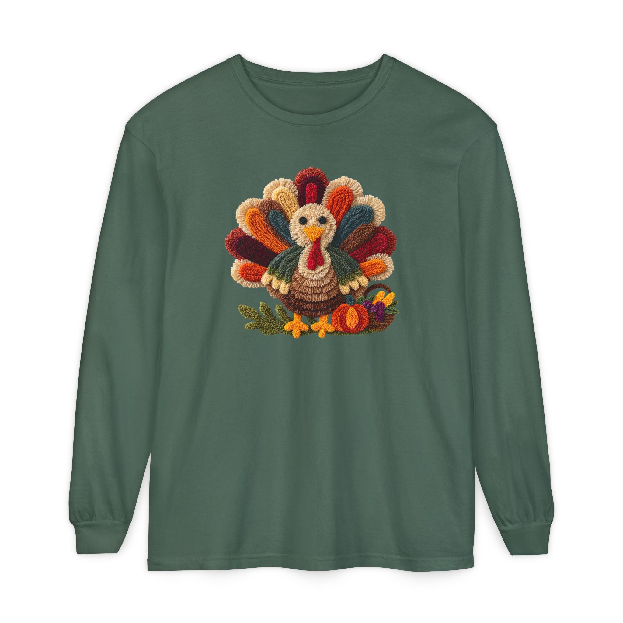 Faux Embroidery Turkey Comfort Colors Long Sleeve T-Shirt, Cute Women's Thanksgiving Shirt