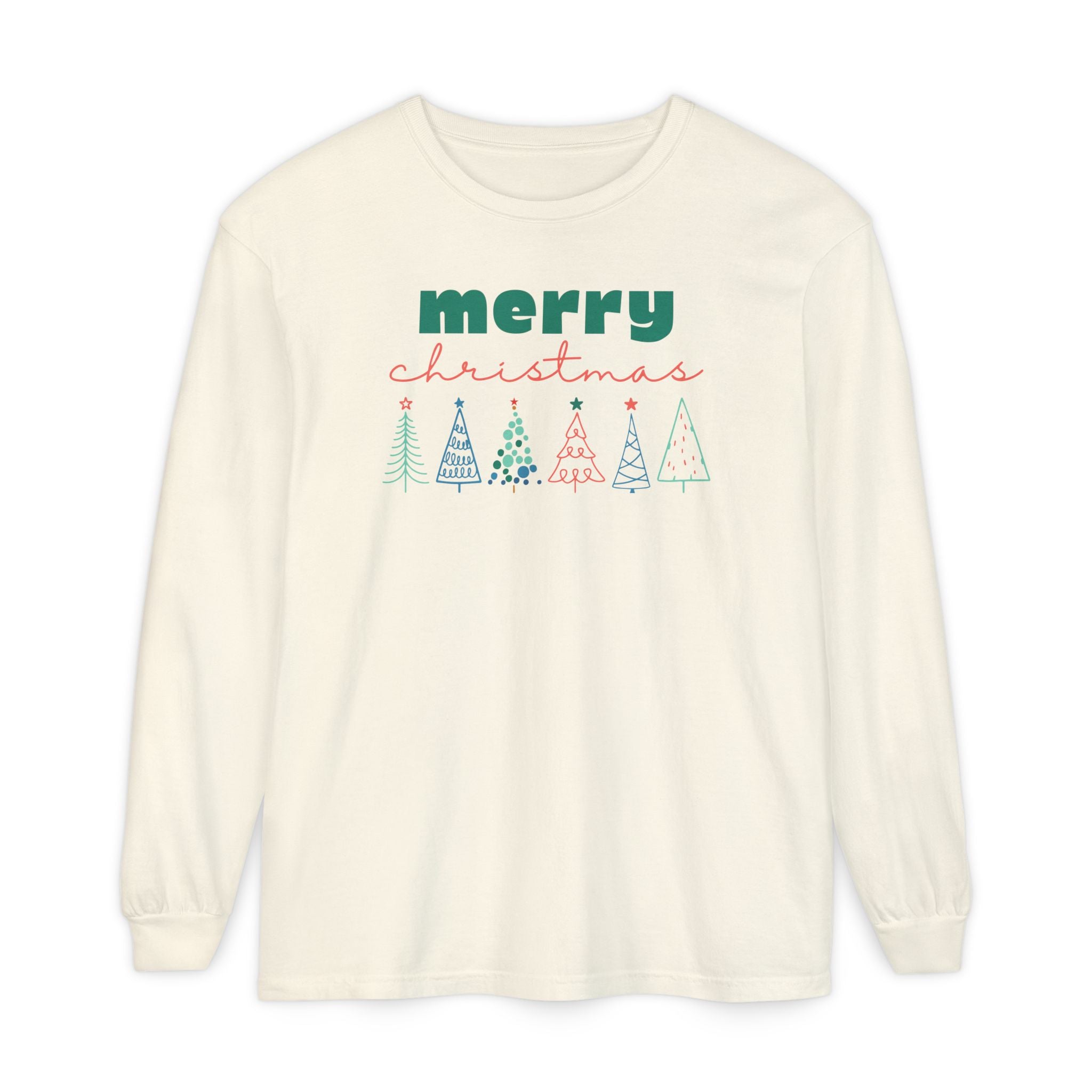 Merry Christmas Line-drawn Christmas Trees Long Sleeve T-shirt, Comfort Colors Holiday Tee