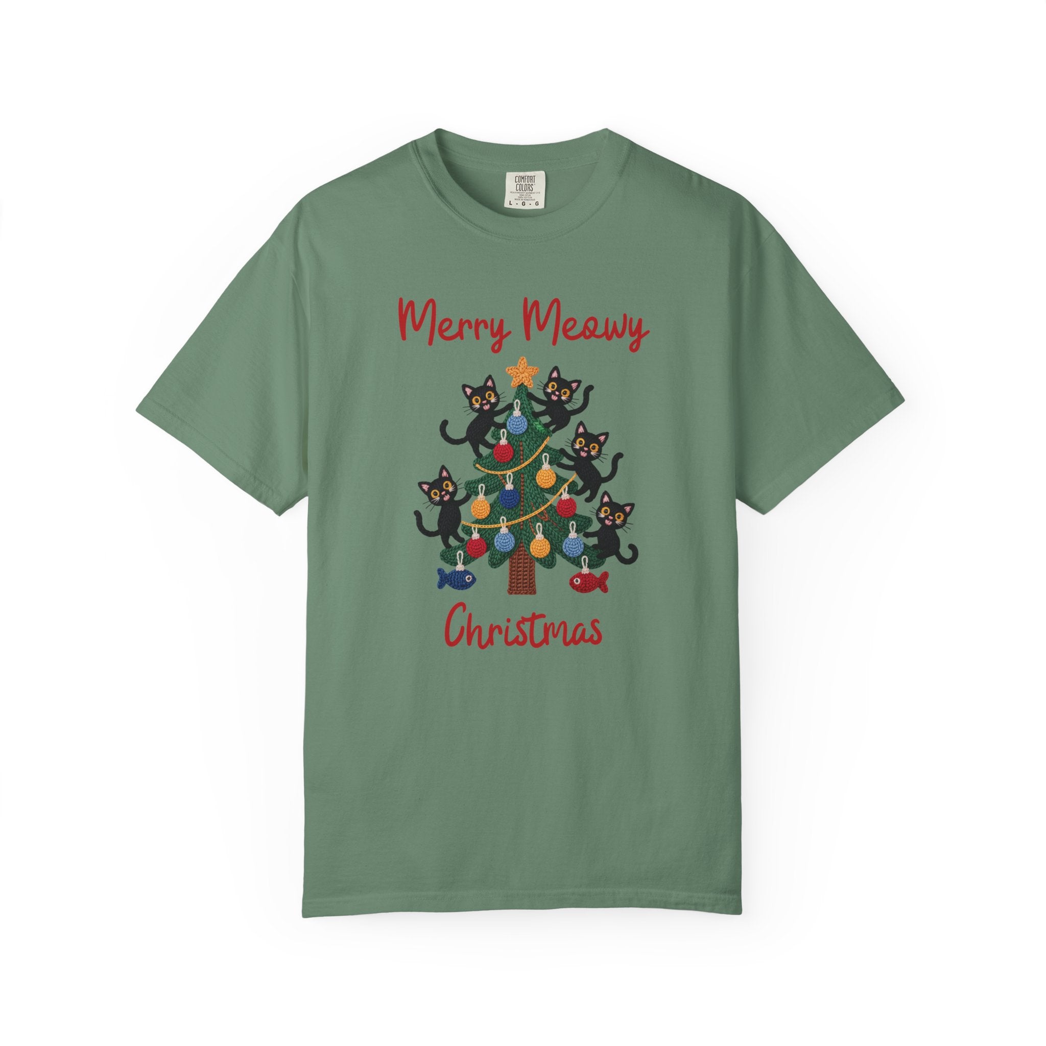Merry Meowy Christmas Comfort Colors Tee, Cute Cat Christmas Tree Holiday Shirt