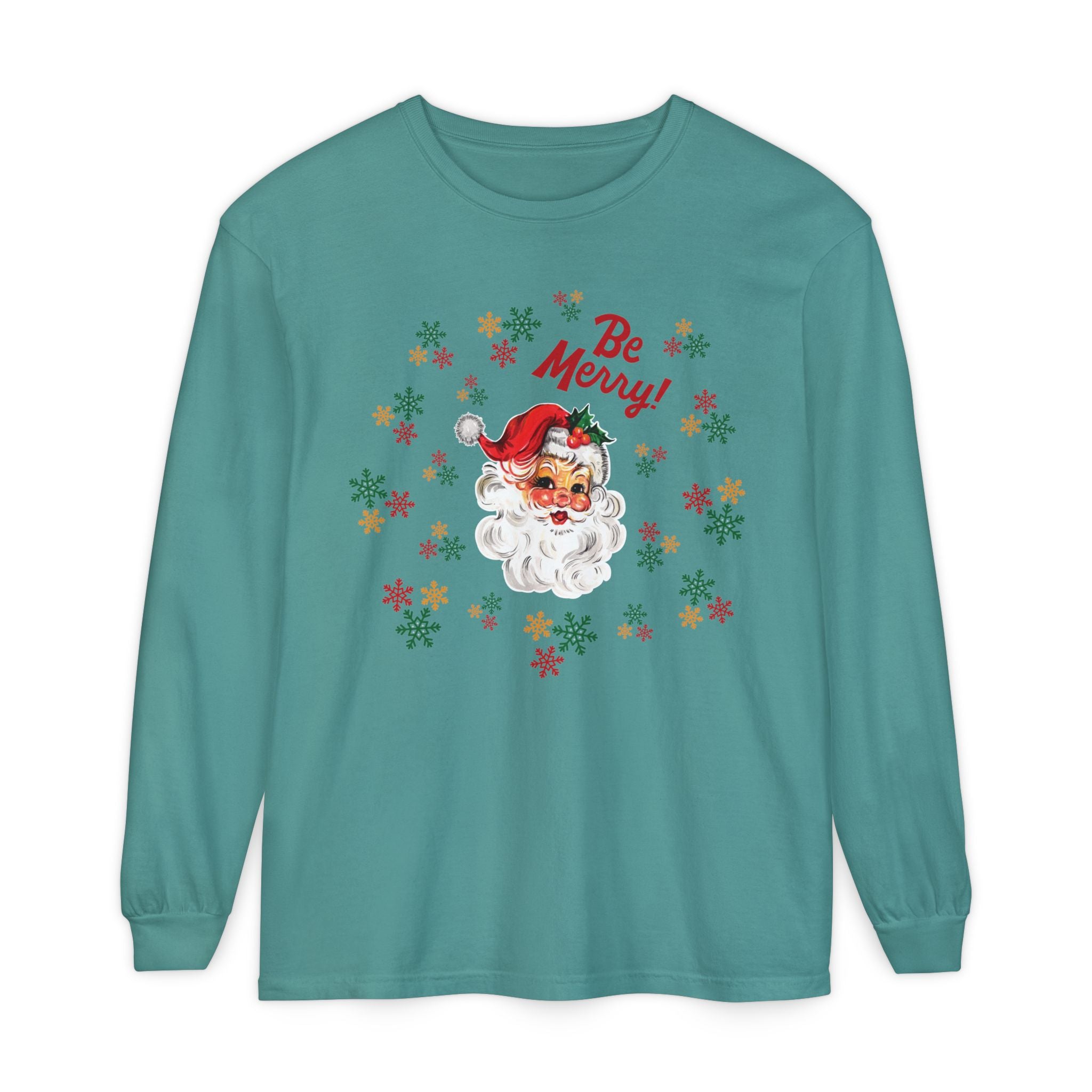 Santa 'Be Merry' Christmas Long Sleeve T-Shirt, Comfort Colors Vintage Santa Holiday Tee