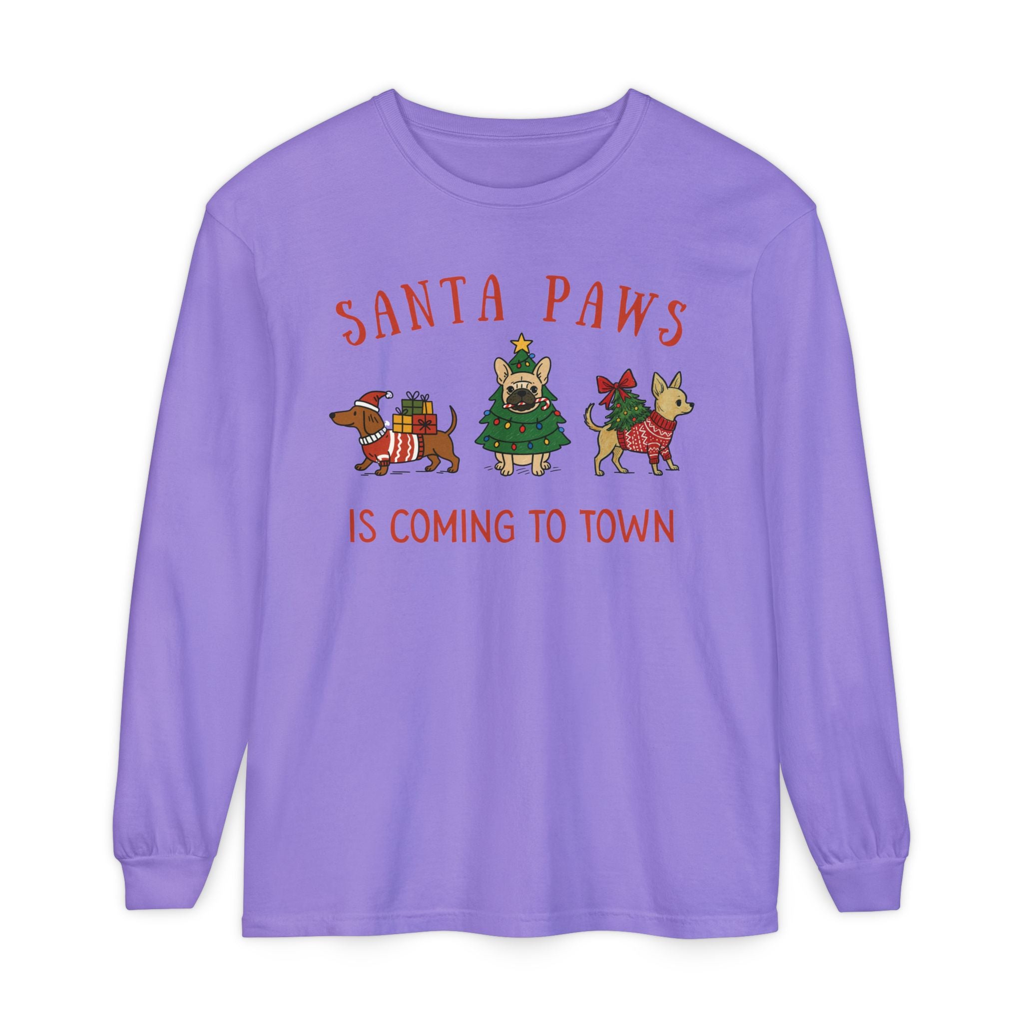 Santa Paws Is Coming To Town Long Sleeve Tee, Christmas Dog t-shirt, Holiday animal shirt