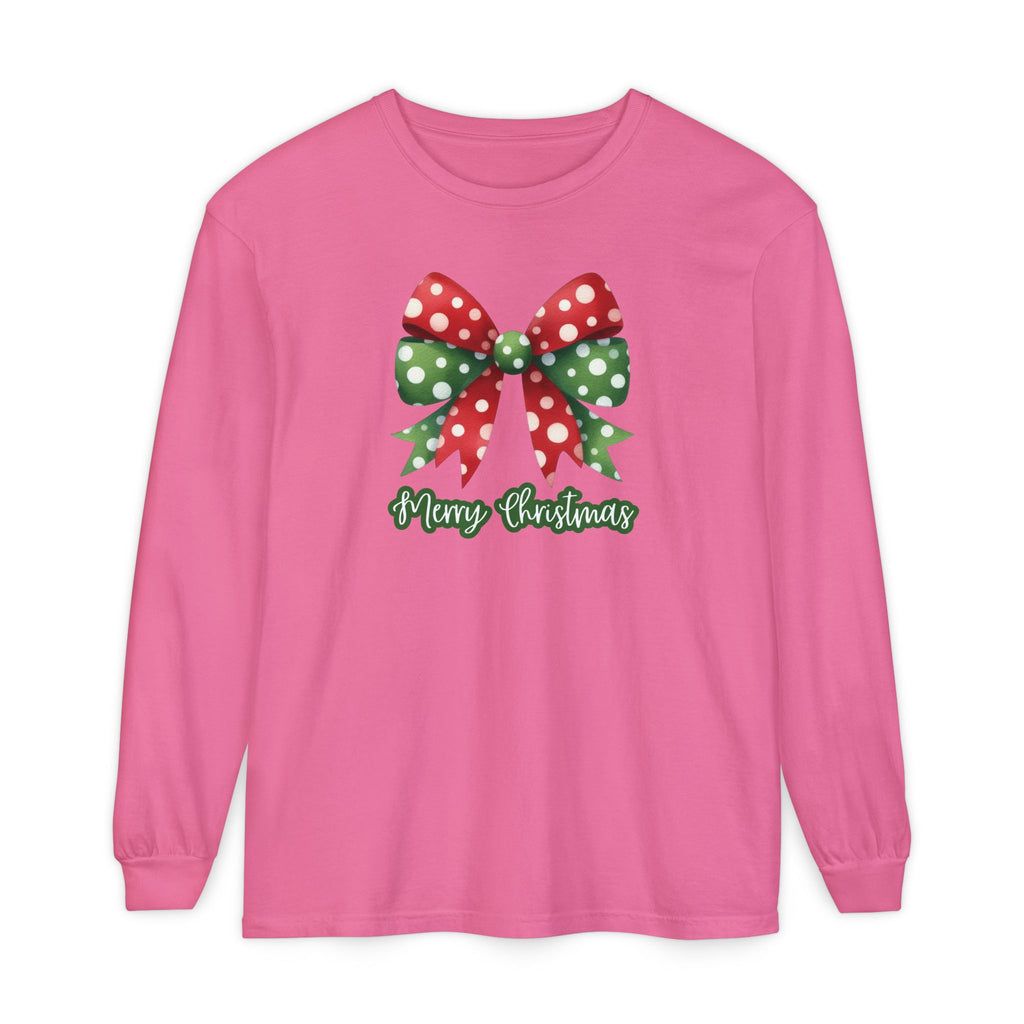 Merry Christmas Bow Comfort Colors Long Sleeve T-Shirt, Cute Women's Holiday Tee