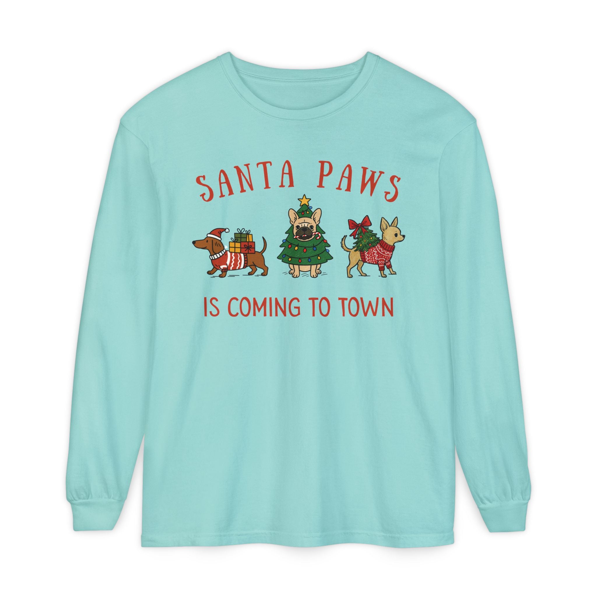 Santa Paws Is Coming To Town Long Sleeve Tee, Christmas Dog t-shirt, Holiday animal shirt