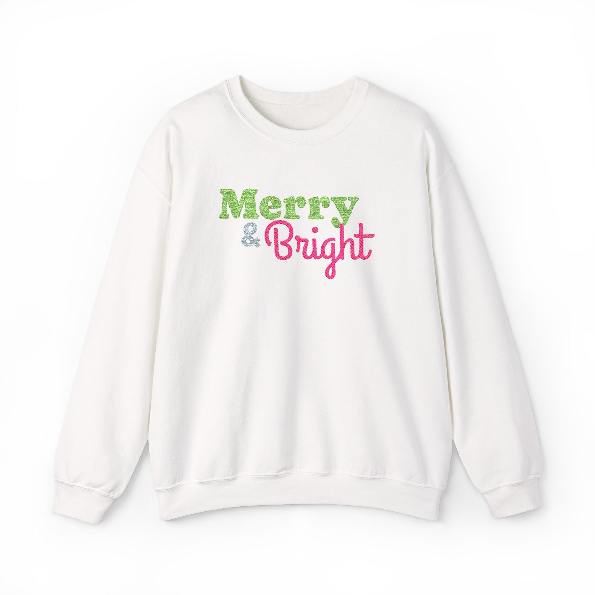 Merry and Bright Embroidered Christmas Crewneck Sweatshirt,  Pink Lime Green Holiday Sweater