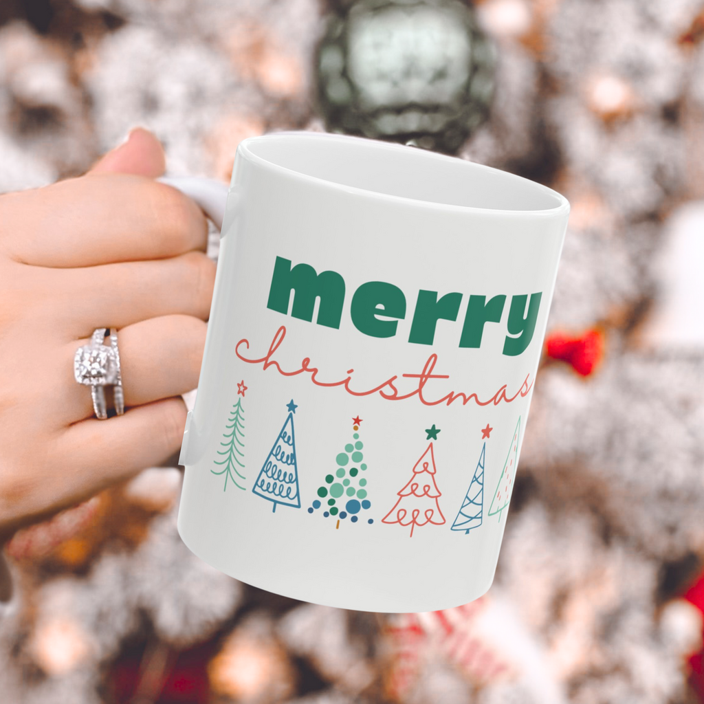 Merry Christmas Line-drawn Christmas Trees Coffee Cup, White Festive Holiday Mug, Holiday Decor, Christmas Celebration