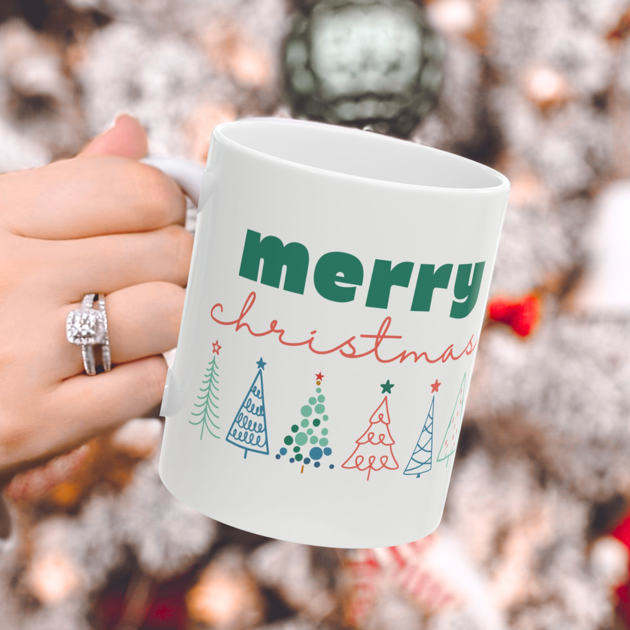 Merry Christmas Line-drawn Christmas Trees Coffee Cup, White Festive Holiday Mug, Holiday Decor, Christmas Celebration