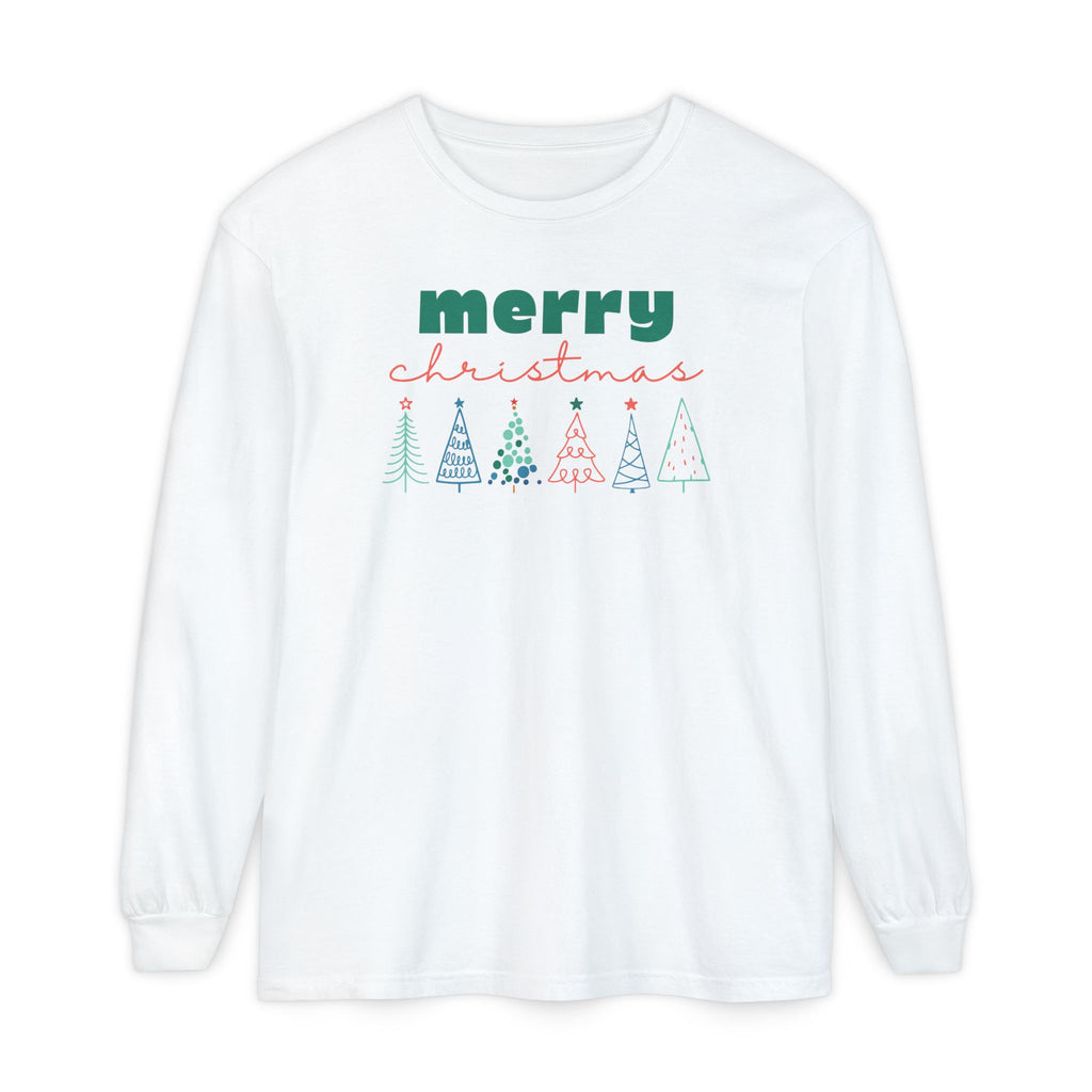 Merry Christmas Line-drawn Christmas Trees Long Sleeve T-shirt, Comfort Colors Holiday Tee