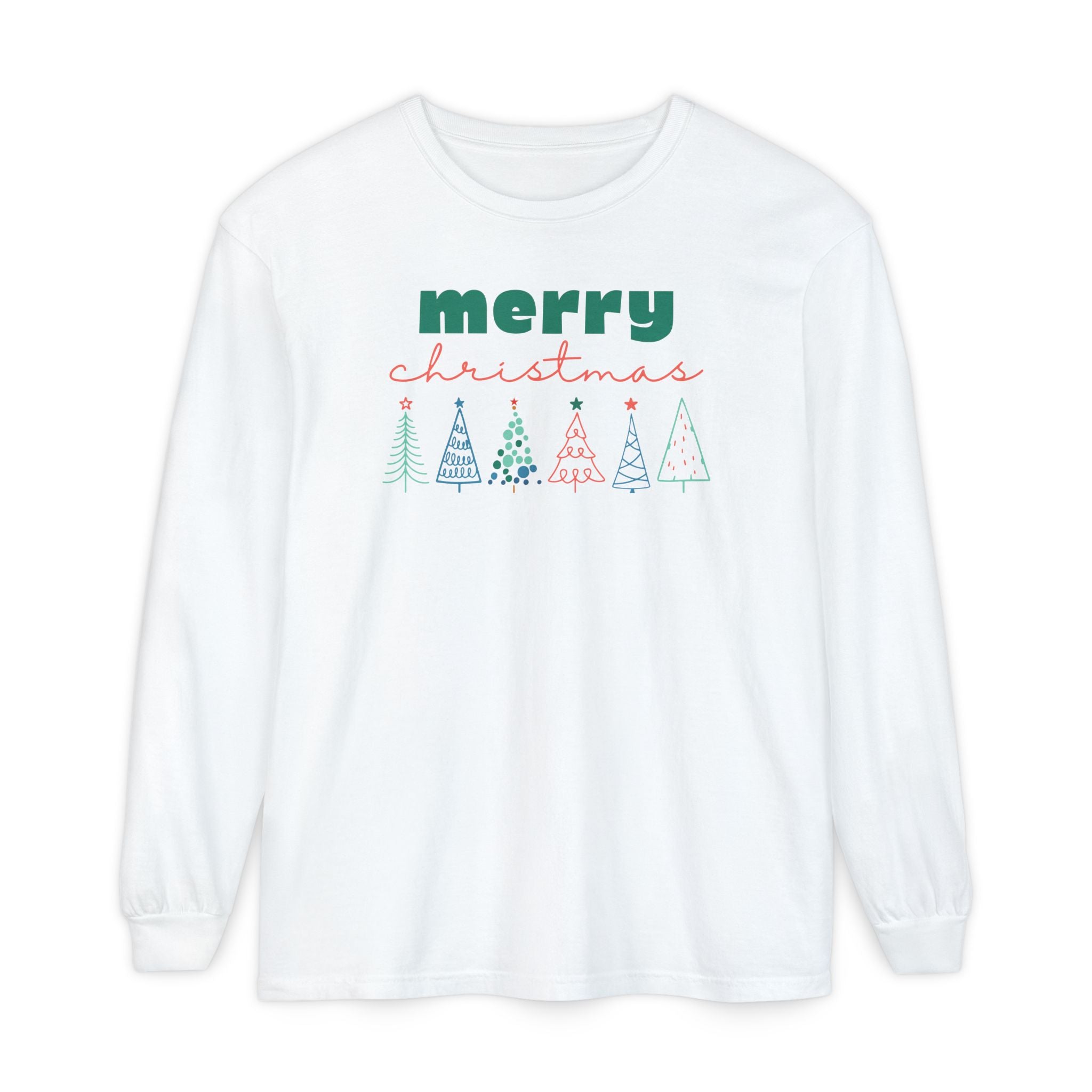 Merry Christmas Line-drawn Christmas Trees Long Sleeve T-shirt, Comfort Colors Holiday Tee