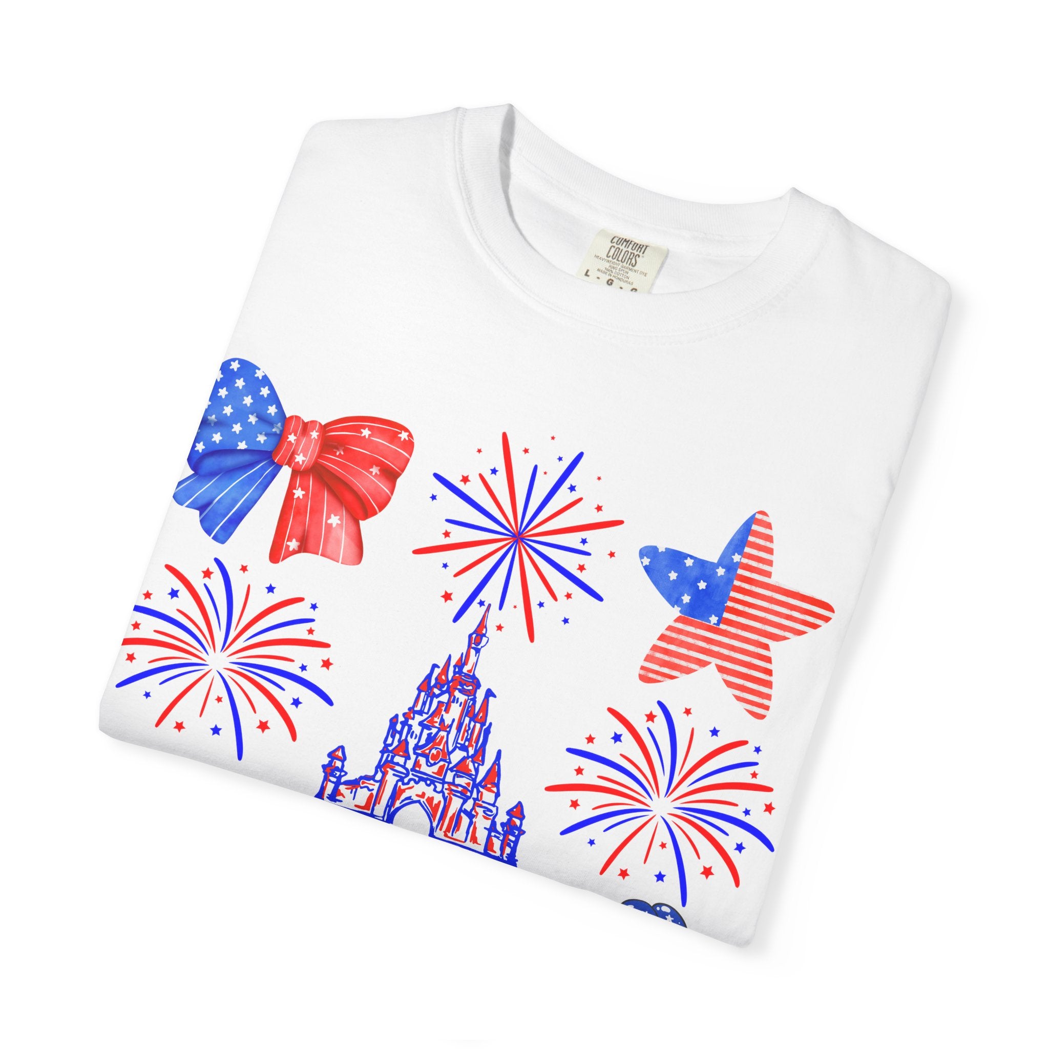 4th of July Disney Coquette Fireworks and Castle shirt, Red White Blue Patriotic bow balloon tee, Stars and Stripes t-shirt, Adult shirt