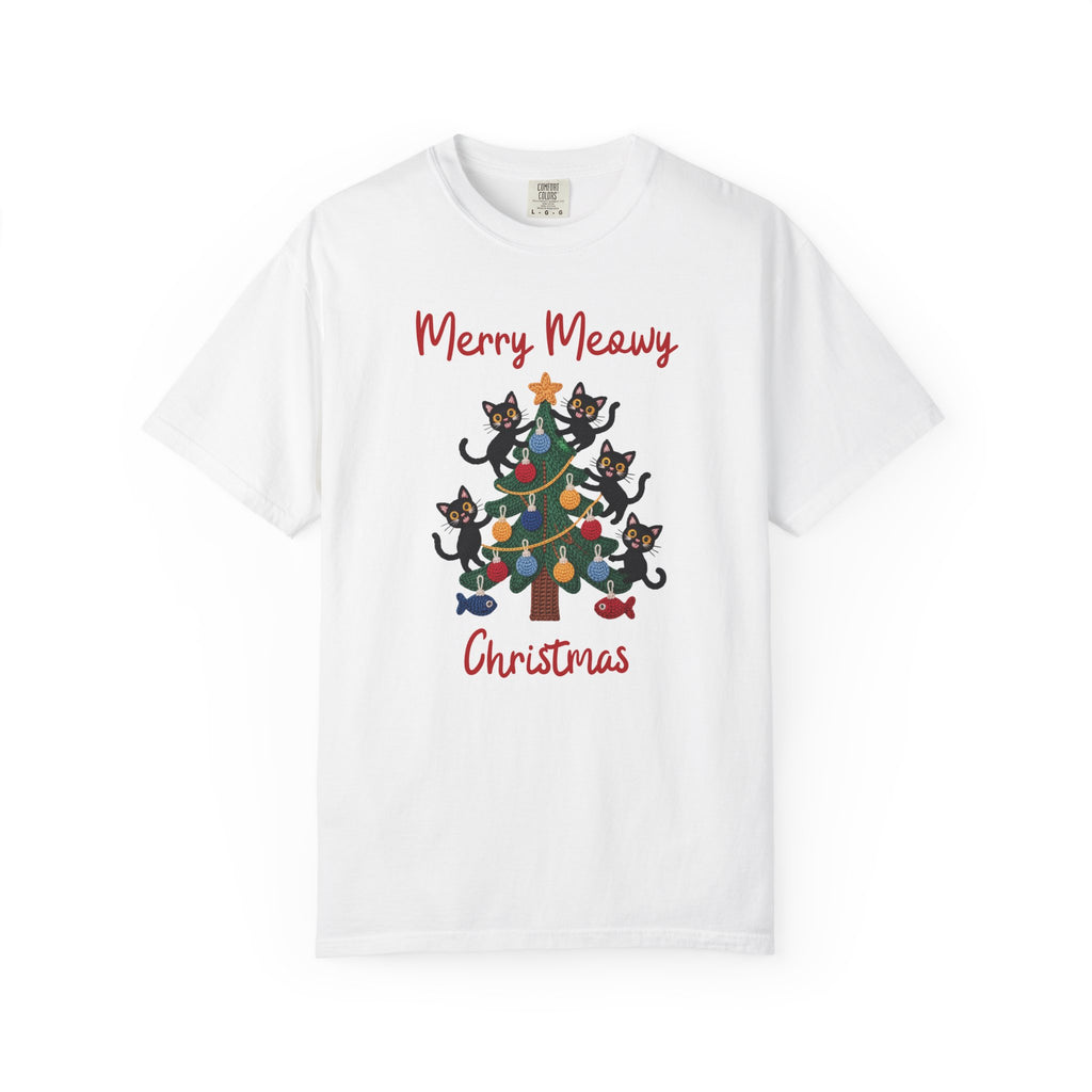 Merry Meowy Christmas Comfort Colors Tee, Cute Cat Christmas Tree Holiday Shirt
