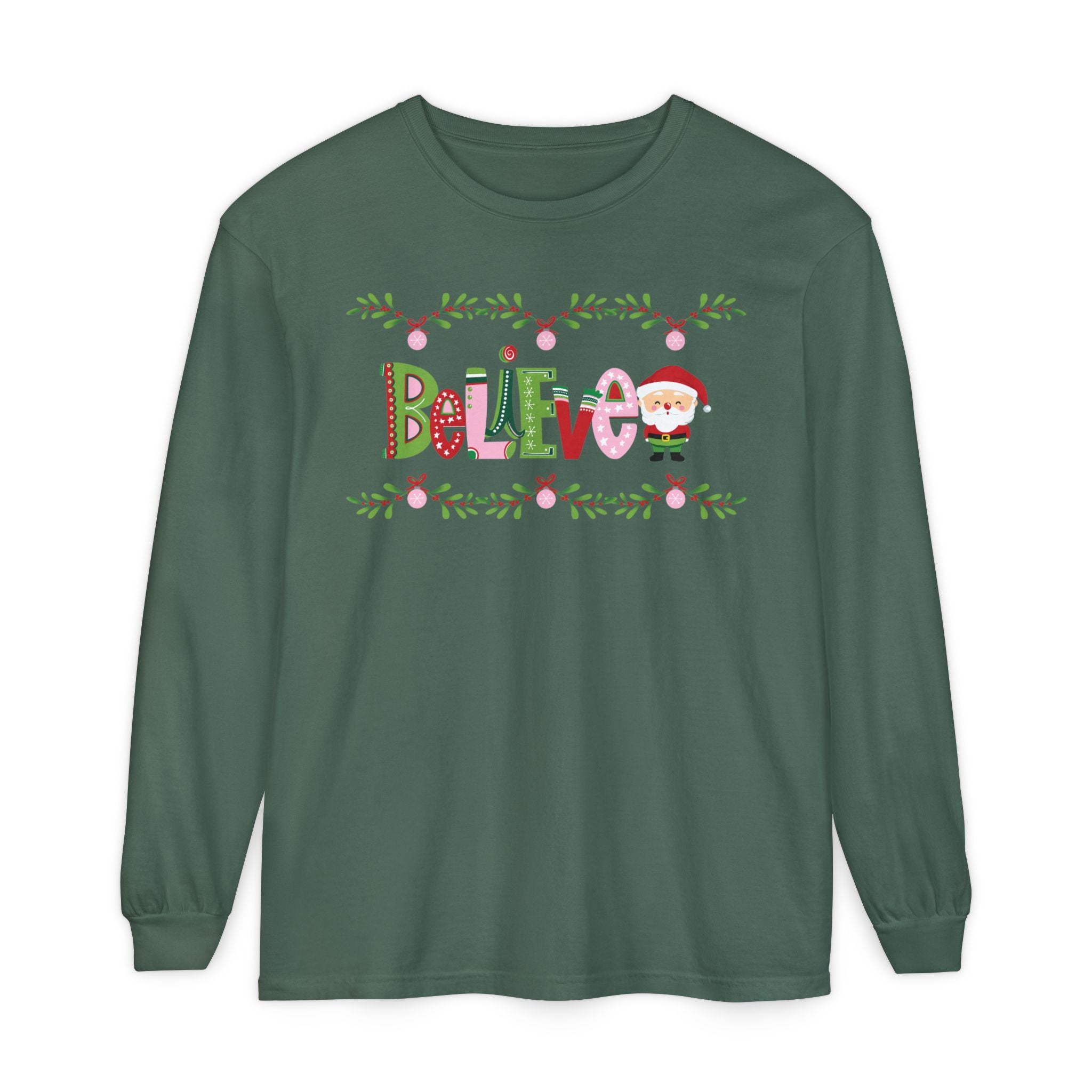 Believe Santa Comfort Colors Long Sleeve T-shirt, Pink Green Red Christmas Tee, Holiday Shirt