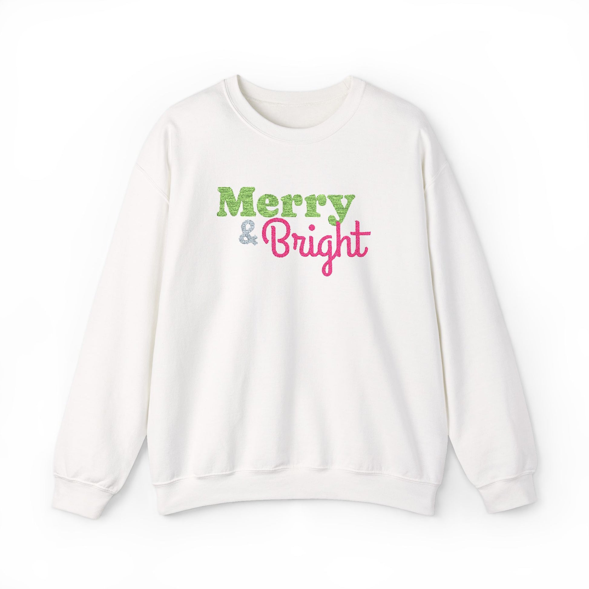 Merry and Bright Embroidered Christmas Crewneck Sweatshirt,  Pink Lime Green Holiday Sweater