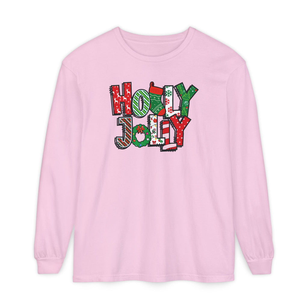 Holly Jolly Comfort Colors Adult Long Sleeve T-Shirt, Festive Christmas Tees, Matching Family Pajamas, Holiday Shirt