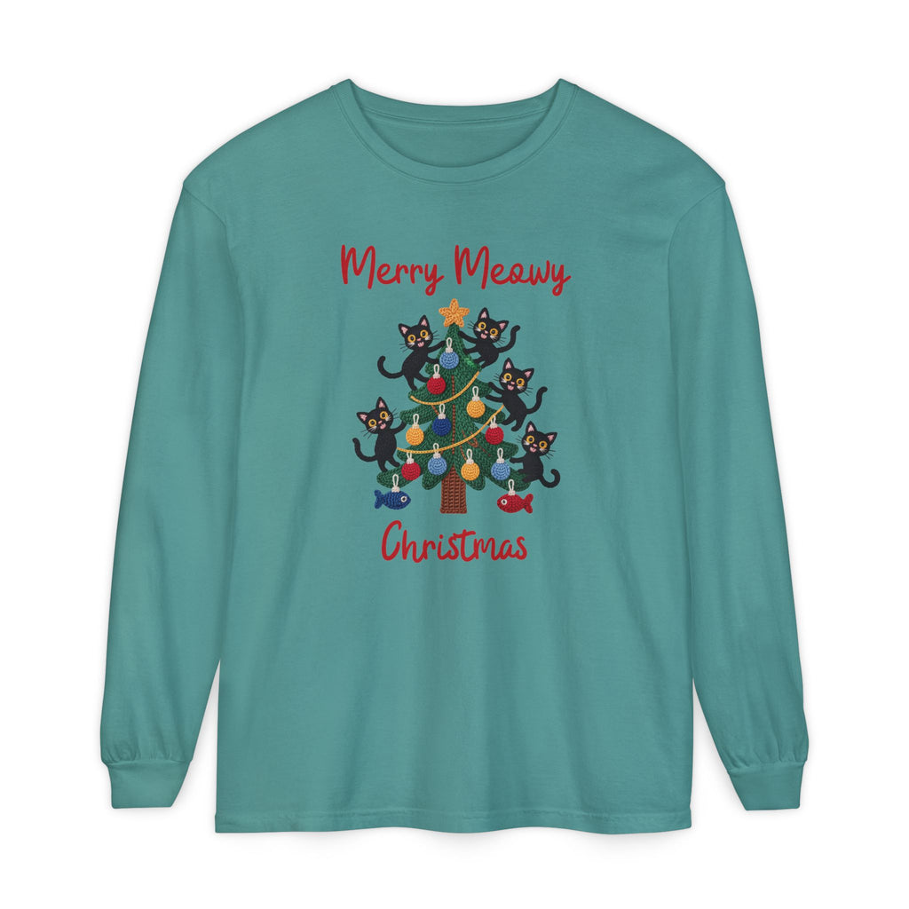 Merry Meowy Christmas Long Sleeve Tee, Cute Cat Christmas Tree Holiday Shirt, Comfort Colors