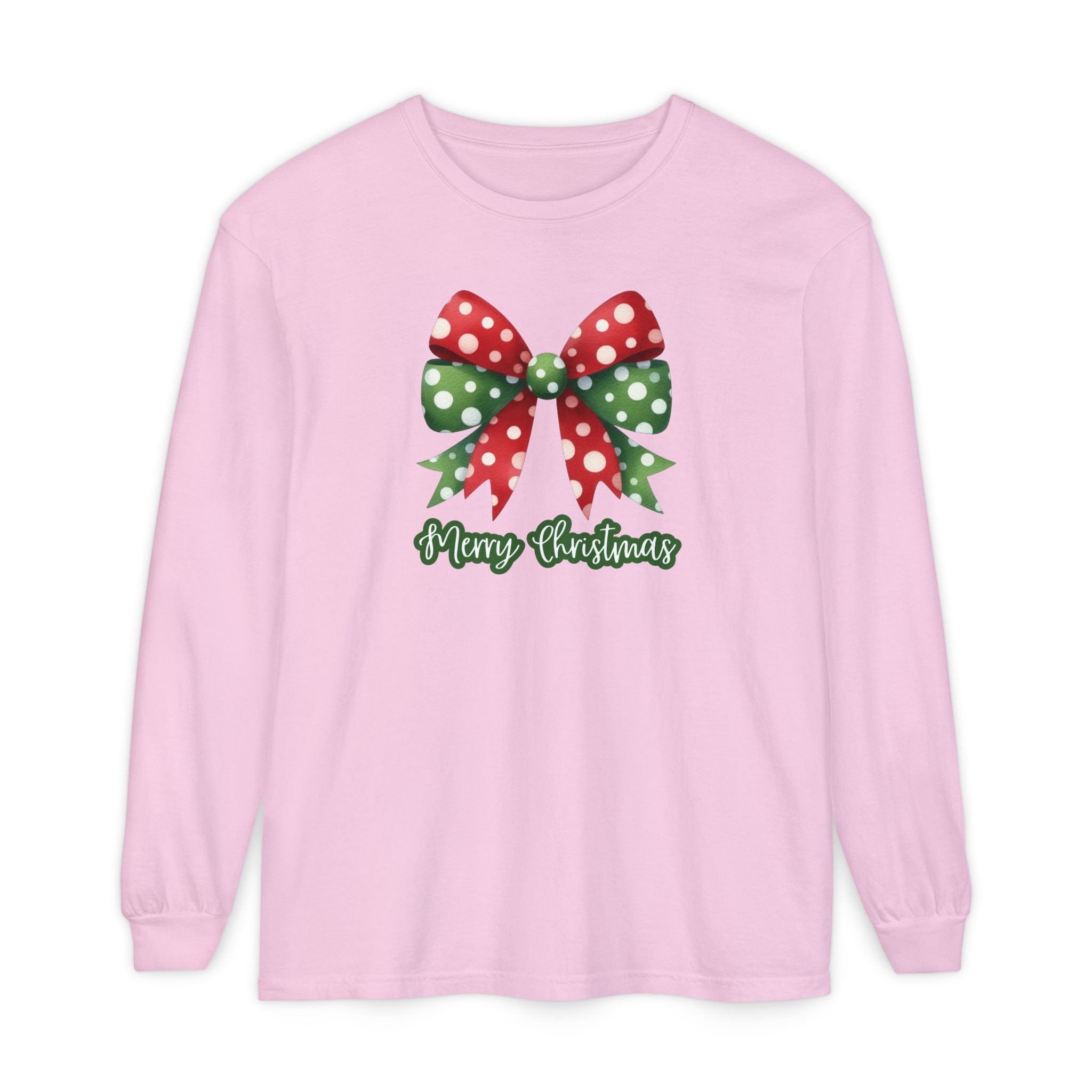 Merry Christmas Bow Comfort Colors Long Sleeve T-Shirt, Cute Women's Holiday Tee