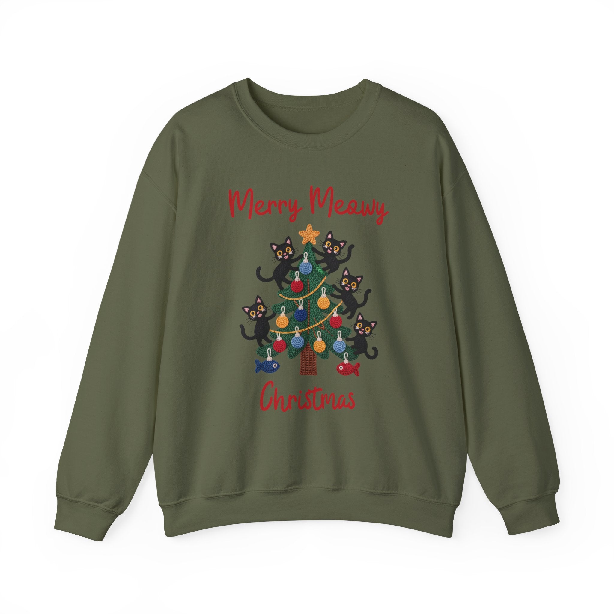 Merry Meowy Christmas Gildan Sweatshirt, Cute Cat Christmas Tree Holiday Shirt