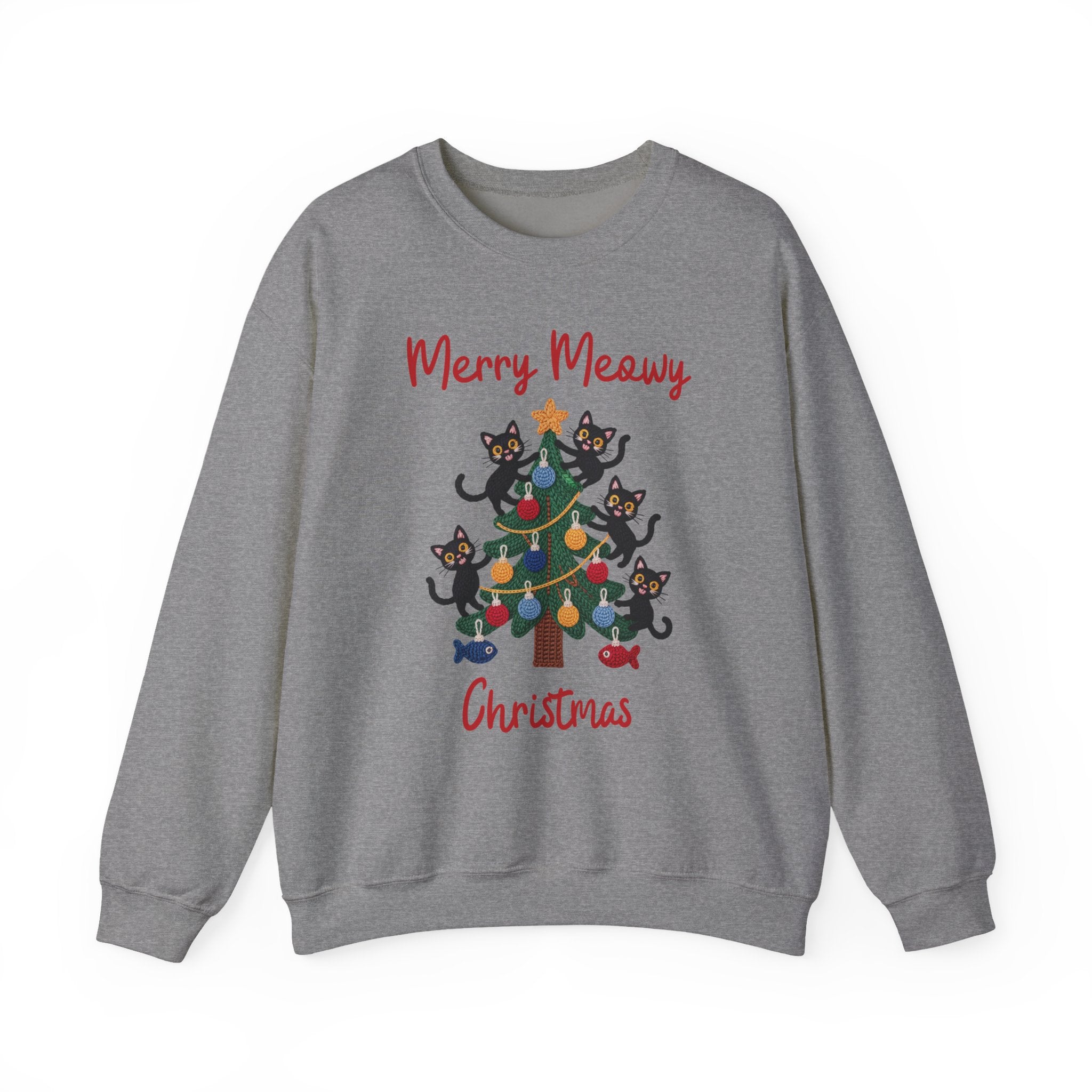 Merry Meowy Christmas Gildan Sweatshirt, Cute Cat Christmas Tree Holiday Shirt