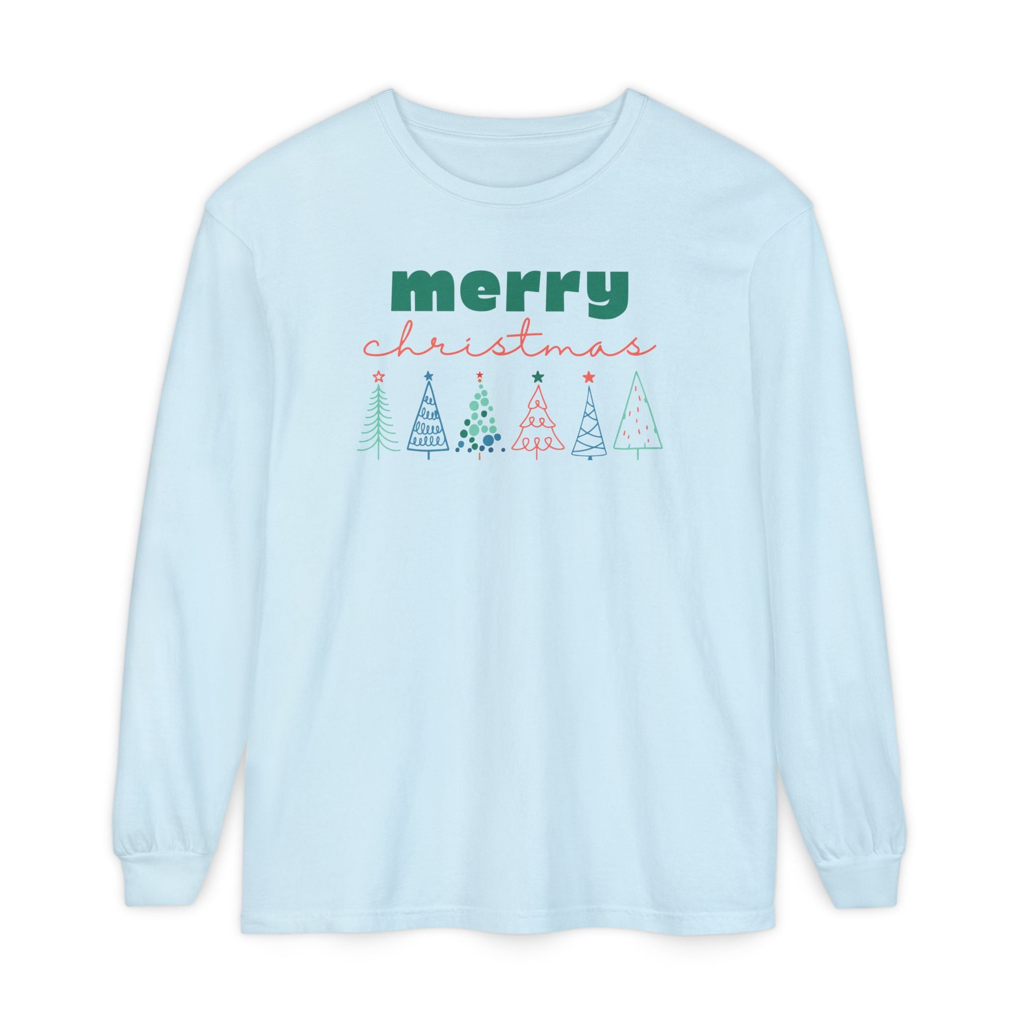 Merry Christmas Line-drawn Christmas Trees Long Sleeve T-shirt, Comfort Colors Holiday Tee