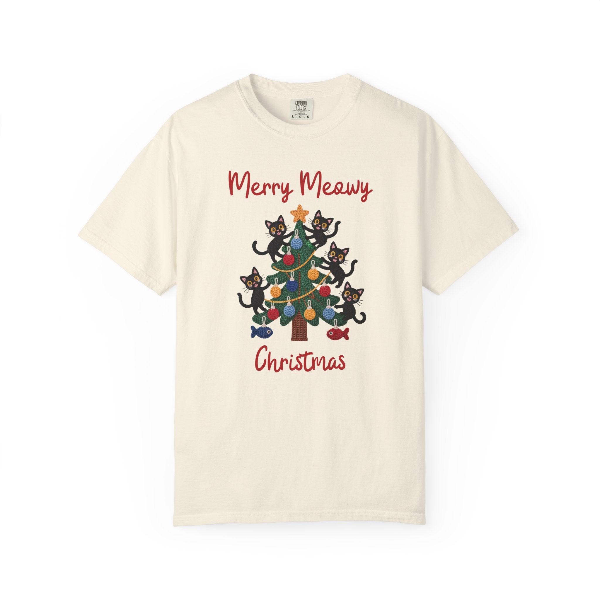 Merry Meowy Christmas Comfort Colors Tee, Cute Cat Christmas Tree Holiday Shirt