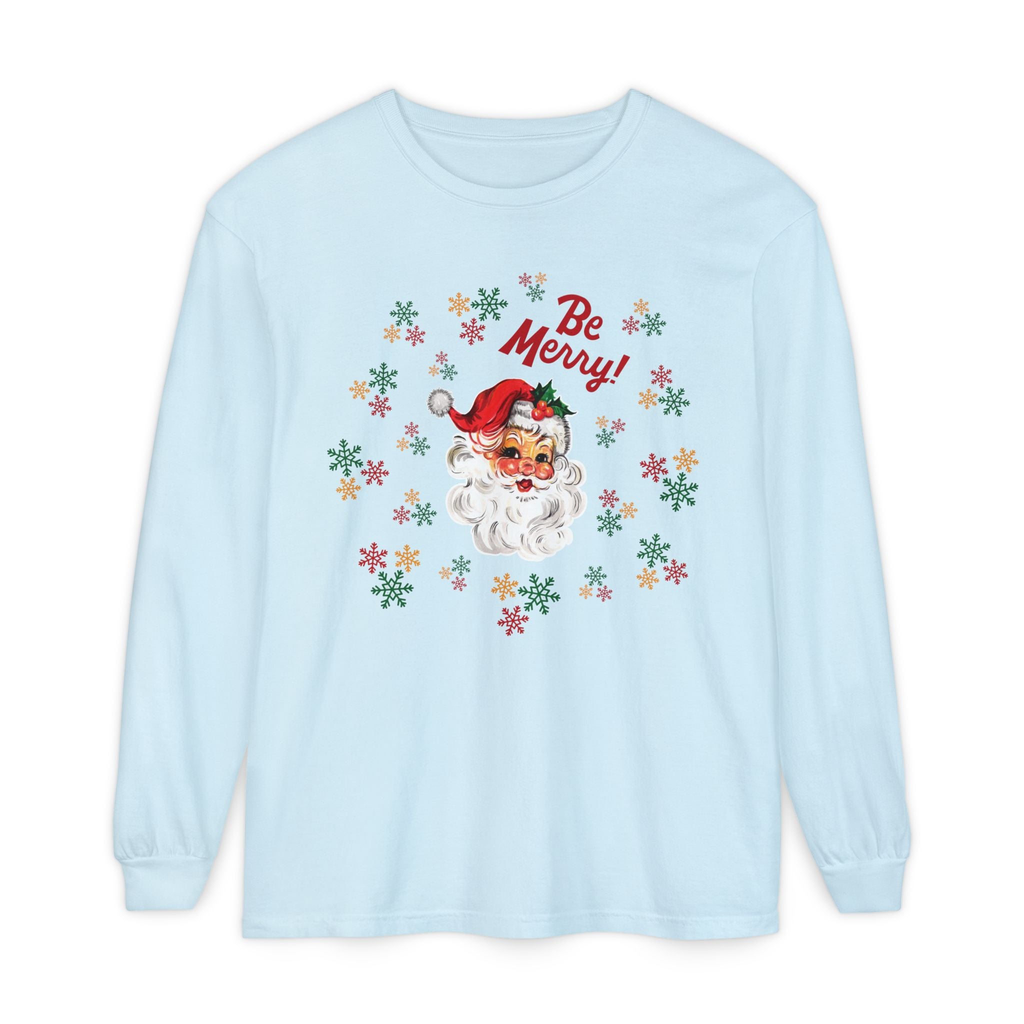 Santa 'Be Merry' Christmas Long Sleeve T-Shirt, Comfort Colors Vintage Santa Holiday Tee