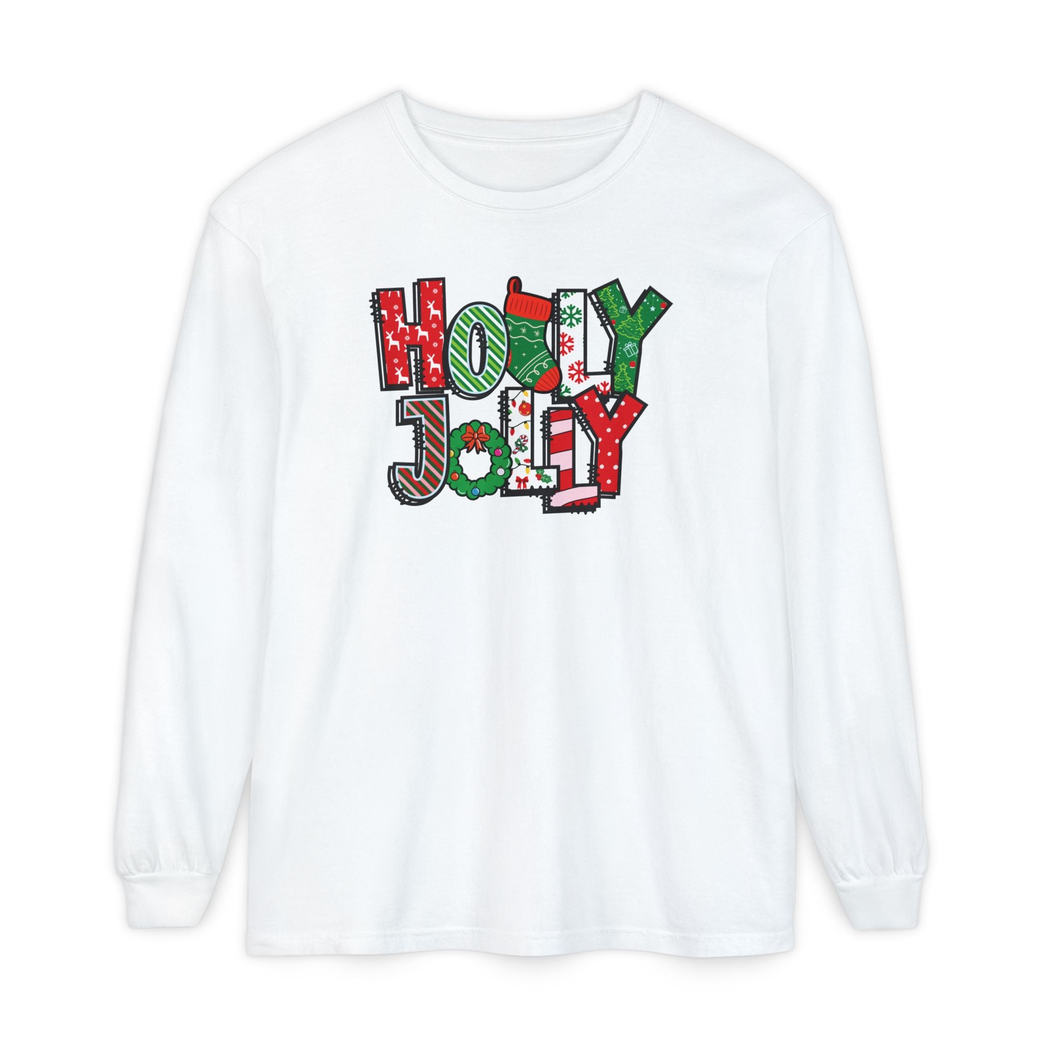 Holly Jolly Comfort Colors Adult Long Sleeve T-Shirt, Festive Christmas Tees, Matching Family Pajamas, Holiday Shirt