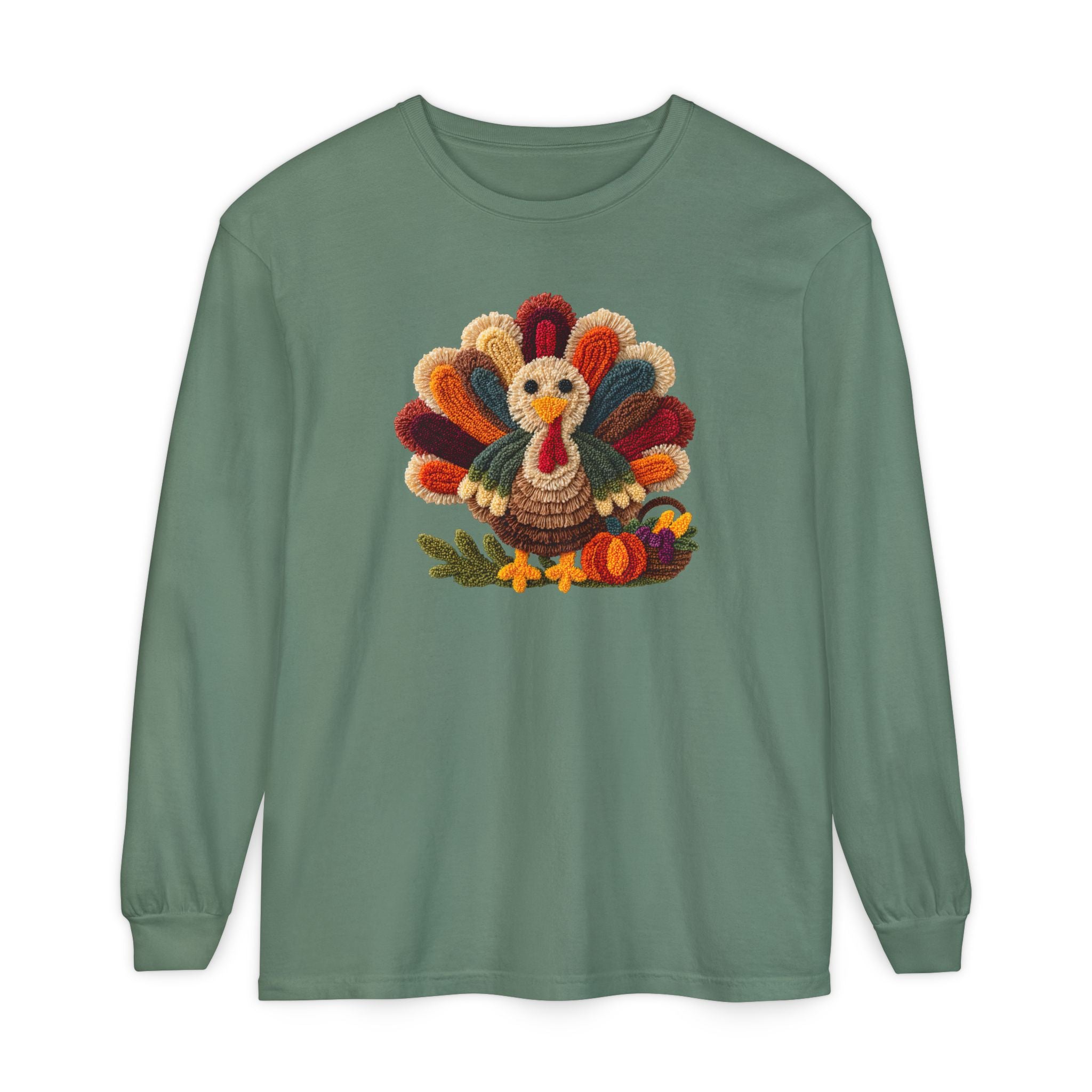 Faux Embroidery Turkey Comfort Colors Long Sleeve T-Shirt, Cute Women's Thanksgiving Shirt