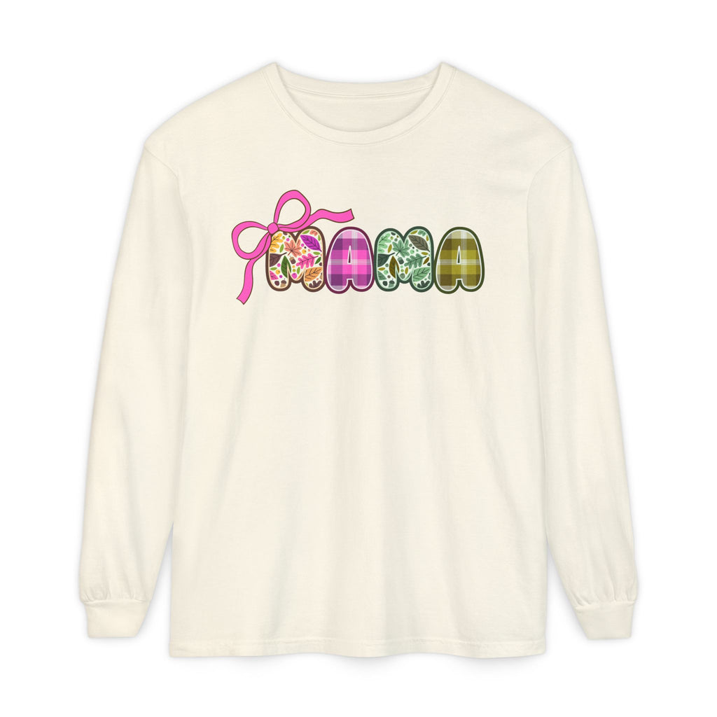 Fall MAMA Long Sleeve T-shirt with Bow, Autumn Mama Tee, Plaid Mama Shirt, Fall Leaves Mama tshirt, Comfort Colors