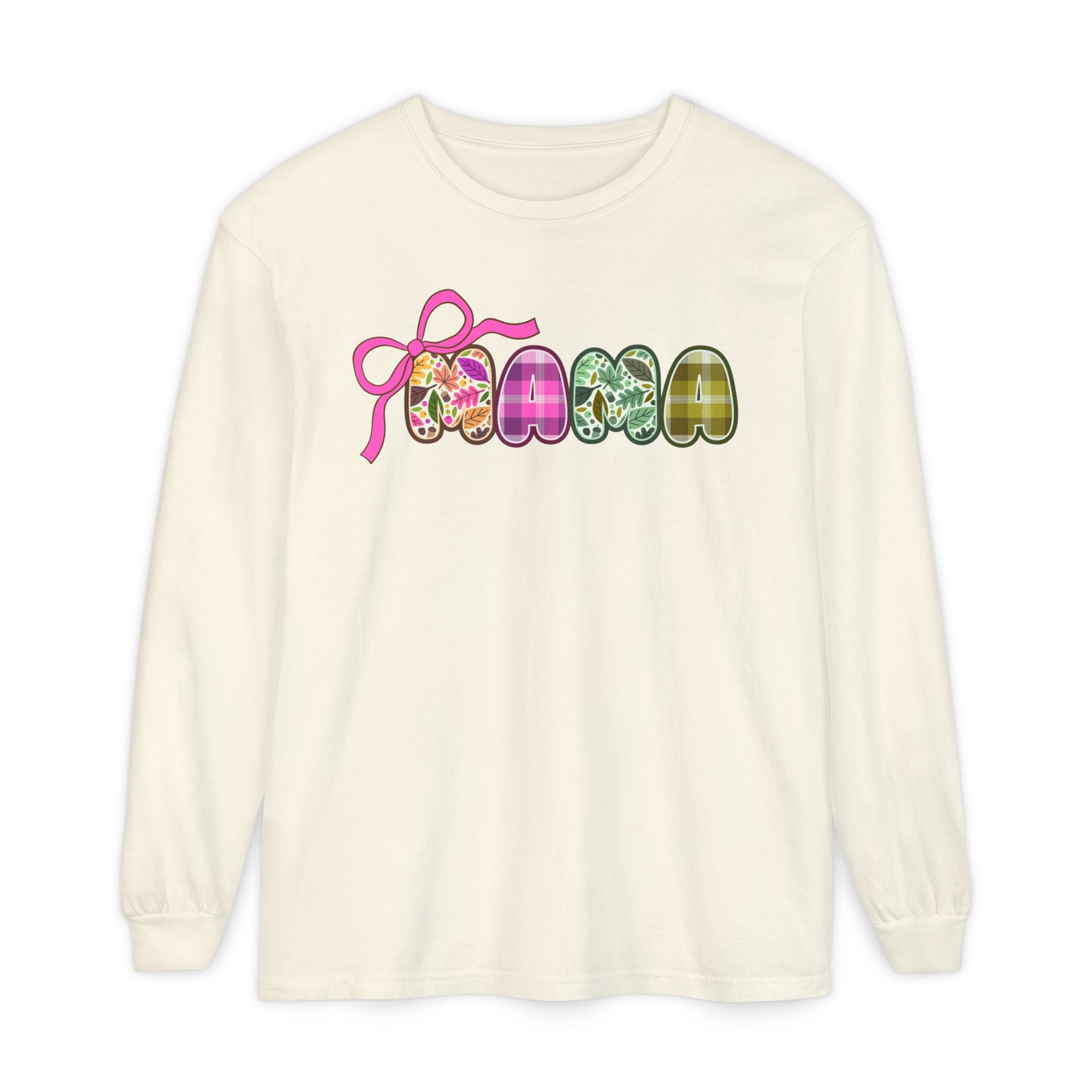 Fall MAMA Long Sleeve T-shirt with Bow, Autumn Mama Tee, Plaid Mama Shirt, Fall Leaves Mama tshirt, Comfort Colors