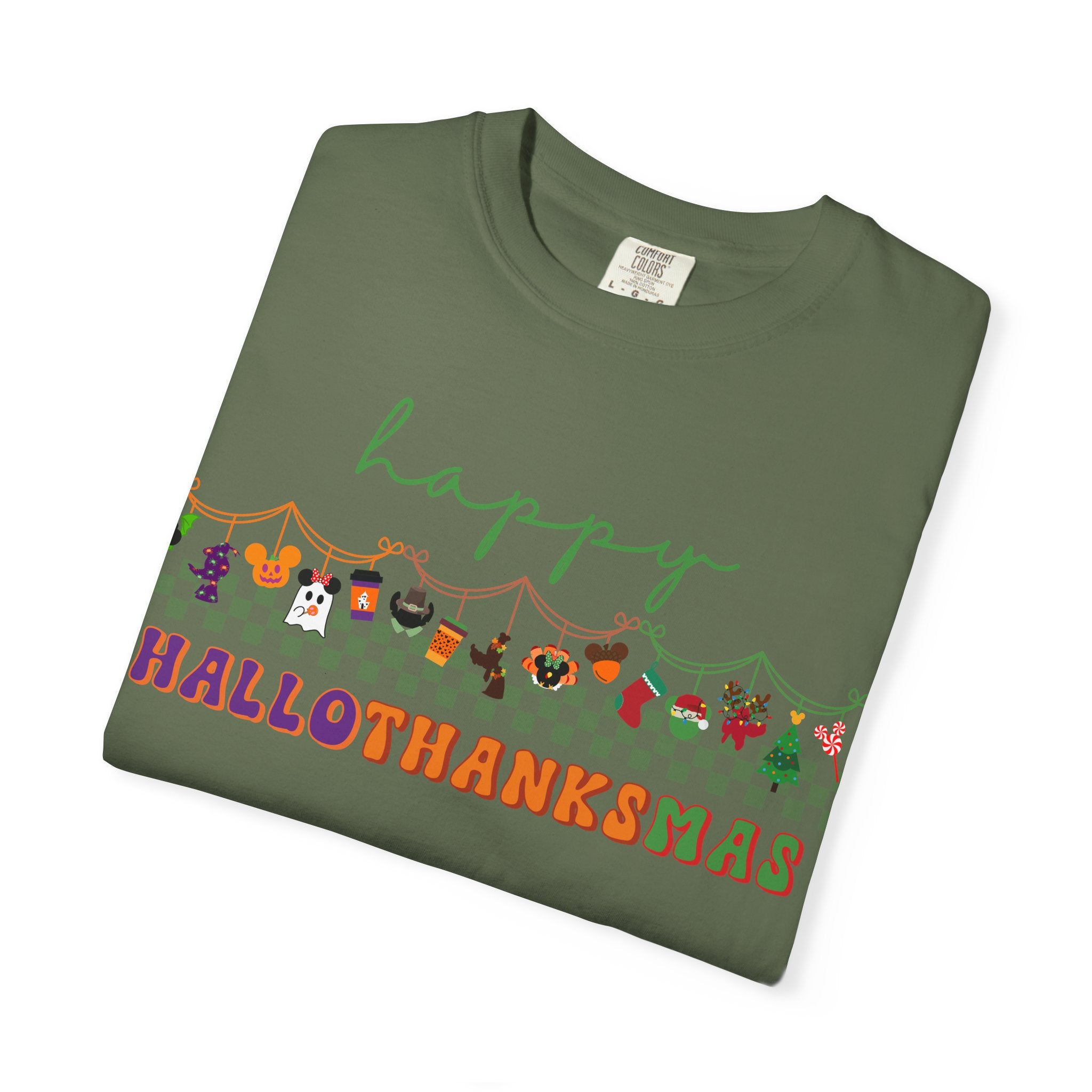 Happy Hallothanksmas Comfort Colors Shirt, Theme Park Style, Halloween Thanksgiving Christmas Tee