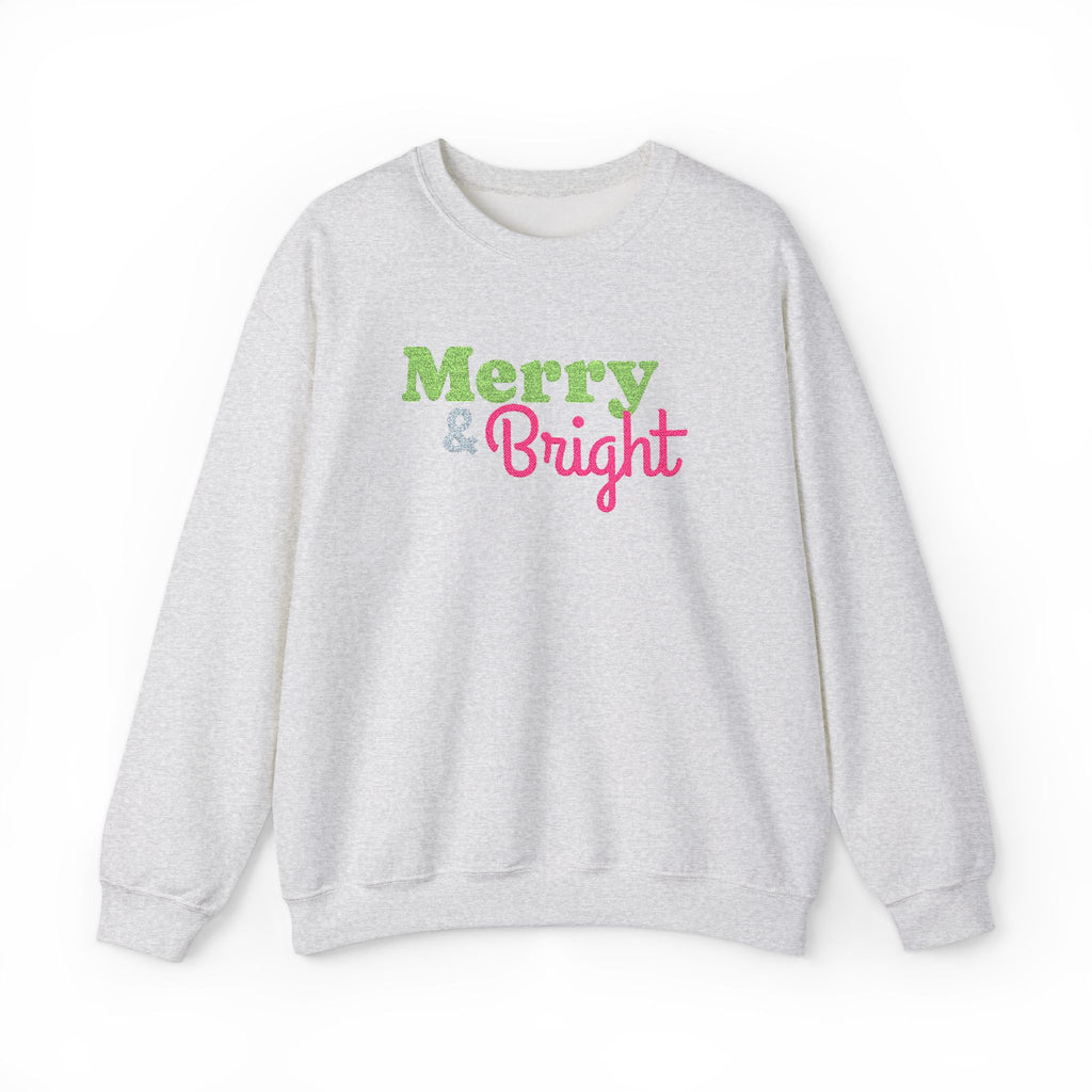 Merry and Bright Embroidered Christmas Crewneck Sweatshirt,  Pink Lime Green Holiday Sweater
