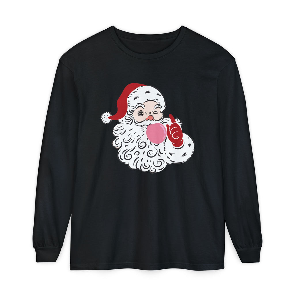 Red Winking Santa Blowing Bubble Comfort Color Long Sleeve T-Shirt. Merry Christmas Tee, Woman's Holiday Shirt