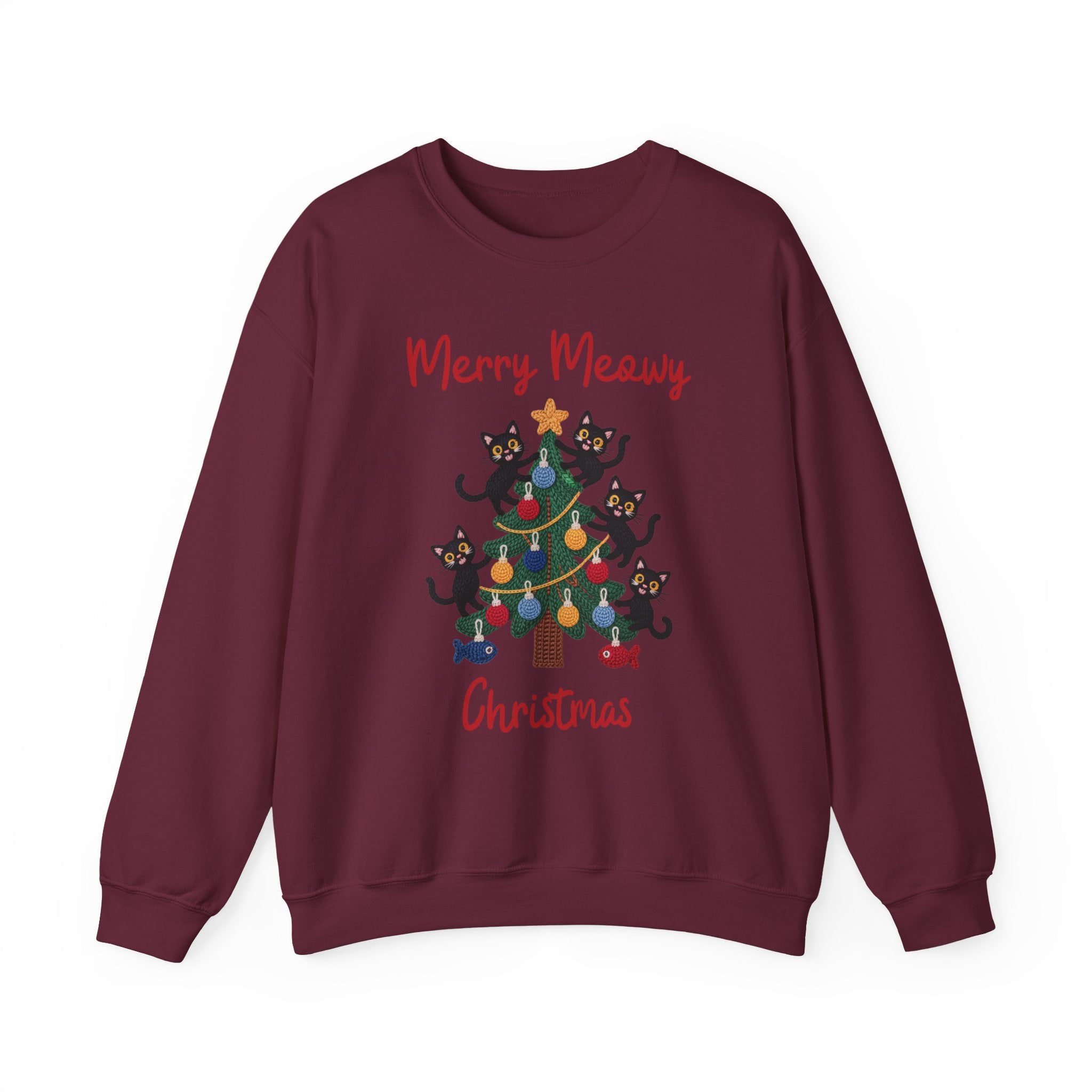 Merry Meowy Christmas Gildan Sweatshirt, Cute Cat Christmas Tree Holiday Shirt