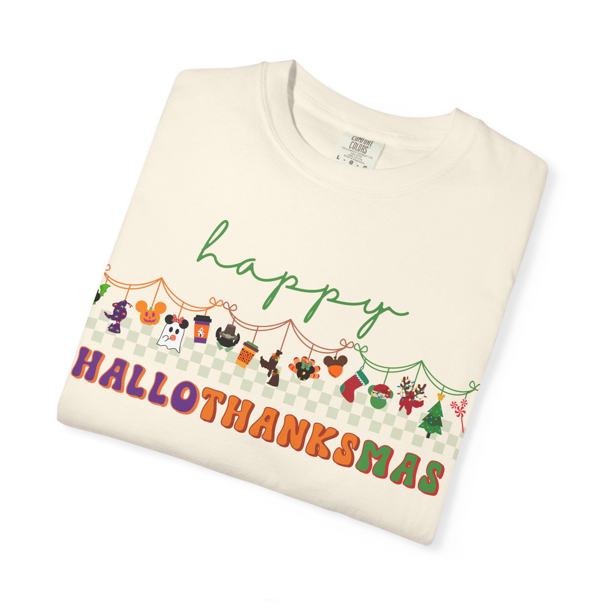 Happy Hallothanksmas Comfort Colors Shirt, Theme Park Style, Halloween Thanksgiving Christmas Tee