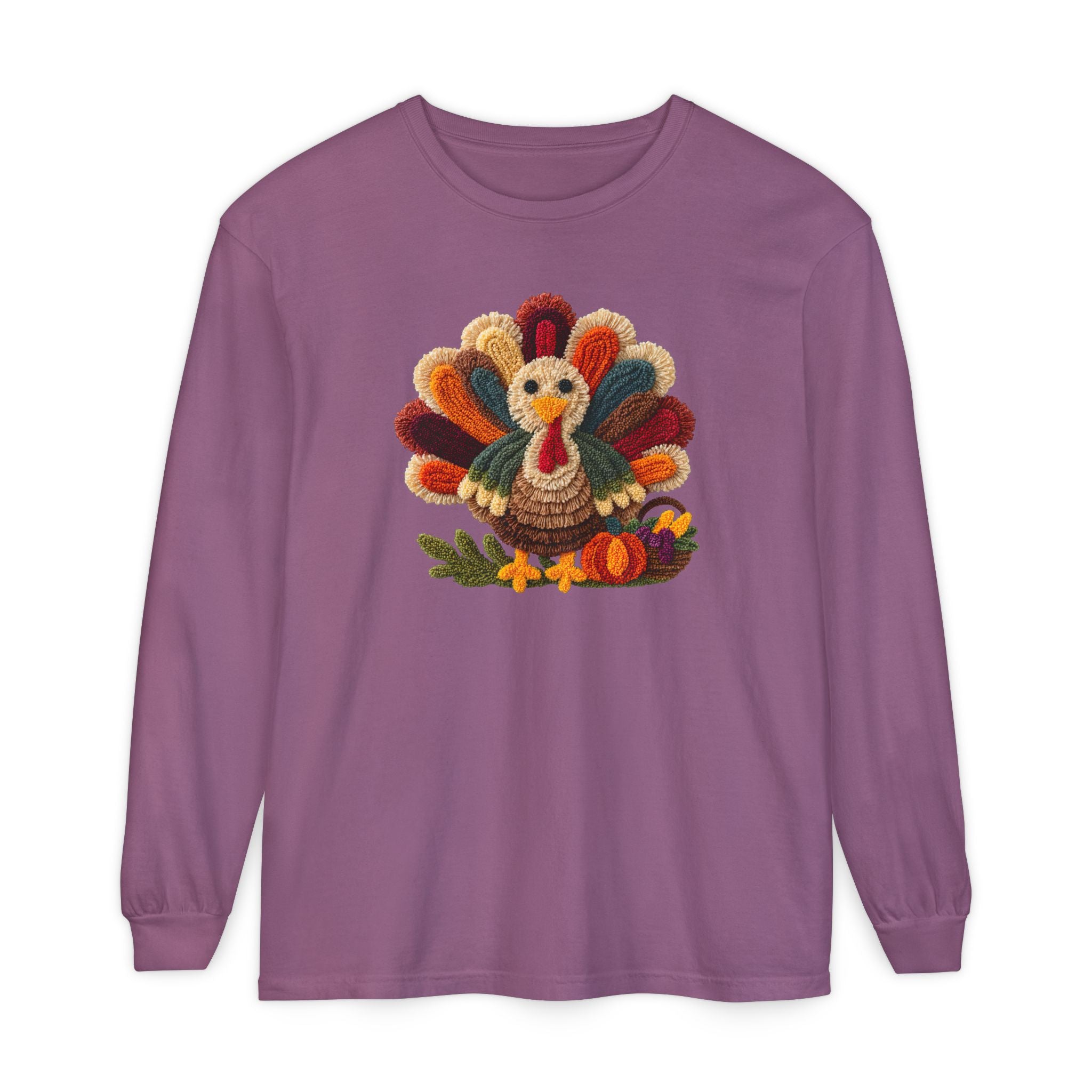 Faux Embroidery Turkey Comfort Colors Long Sleeve T-Shirt, Cute Women's Thanksgiving Shirt
