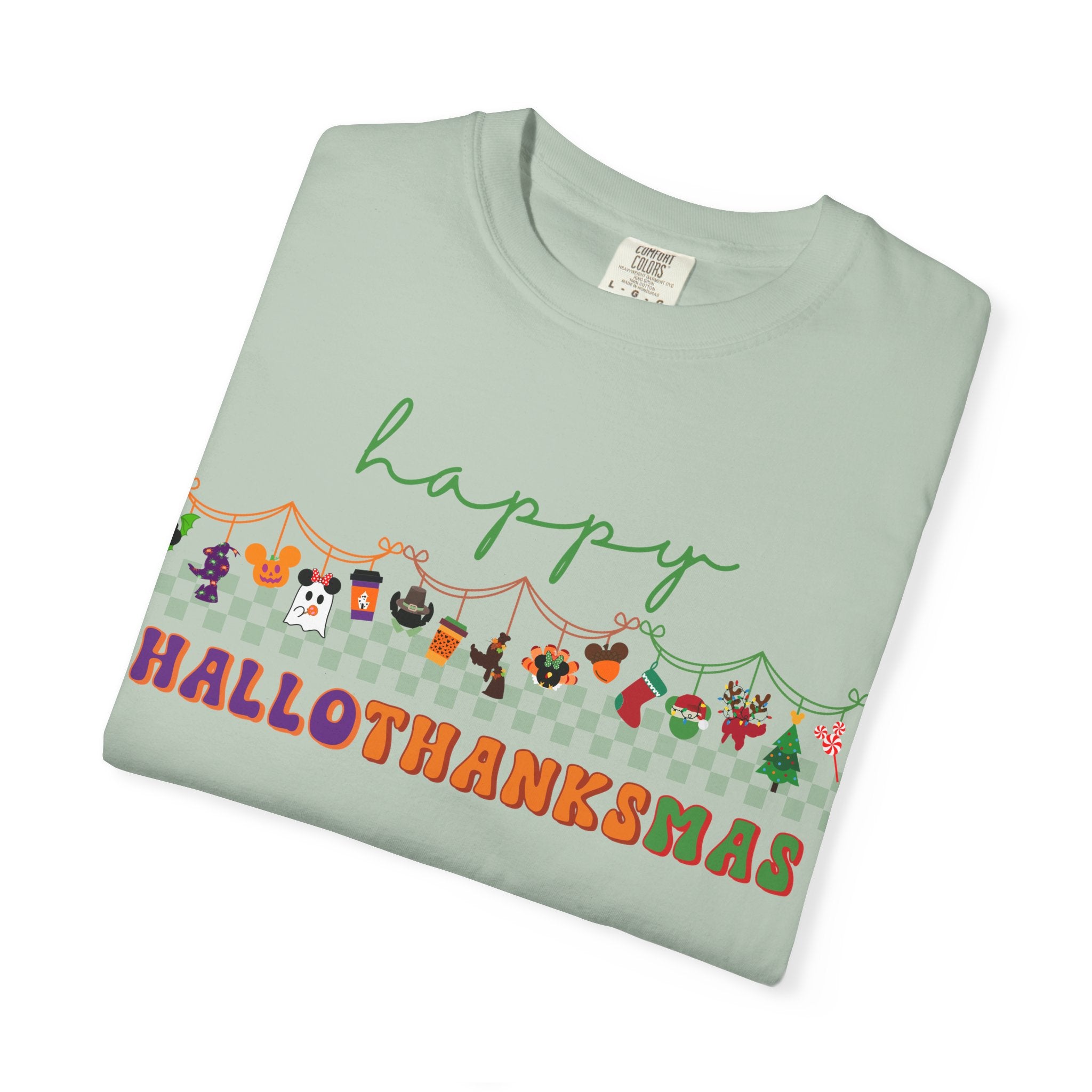 Happy Hallothanksmas Comfort Colors Shirt, Theme Park Style, Halloween Thanksgiving Christmas Tee