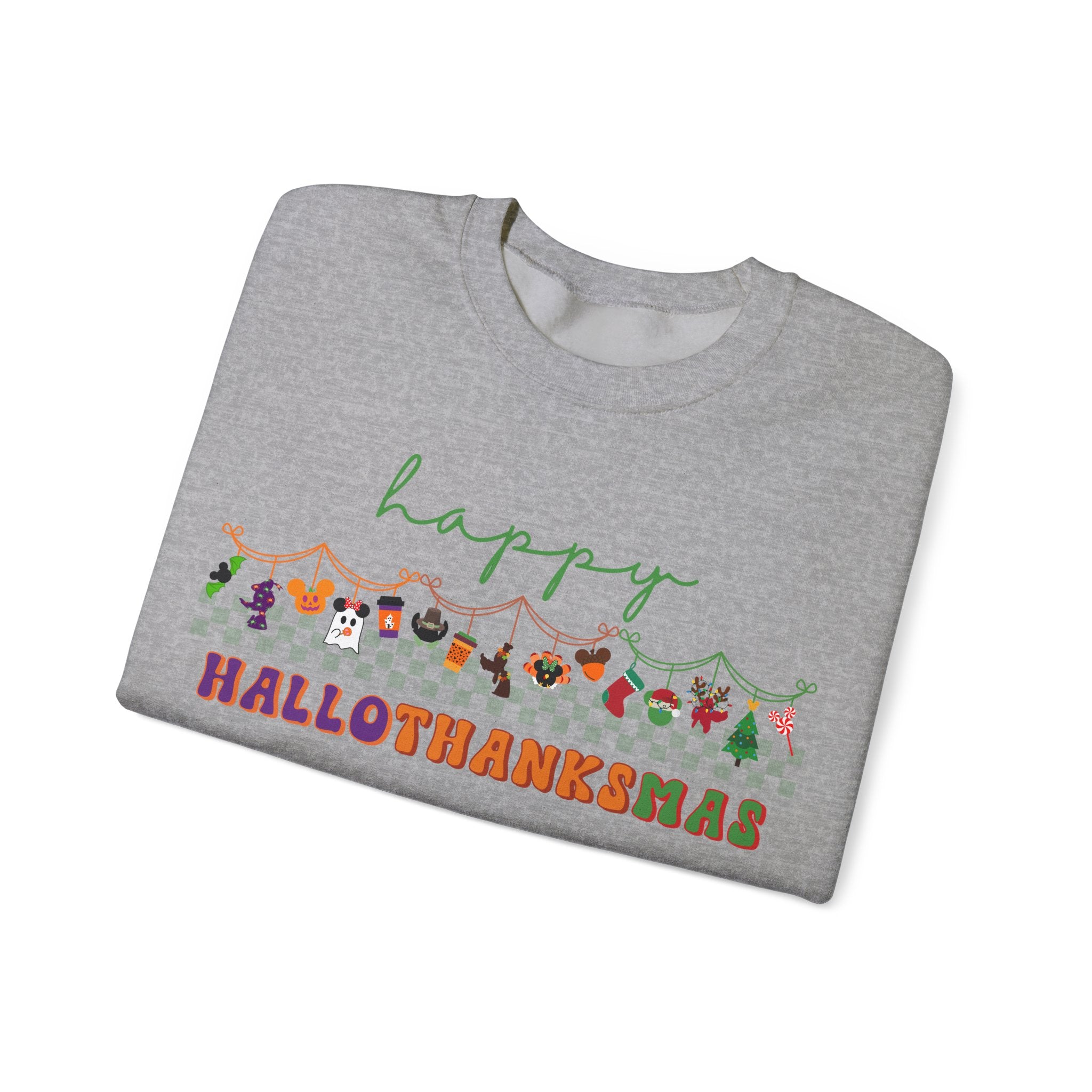 Happy Hallothanksmas Gildan Sweatshirt, Theme Park Style Crewneck, Halloween Thanksgiving and Christmas