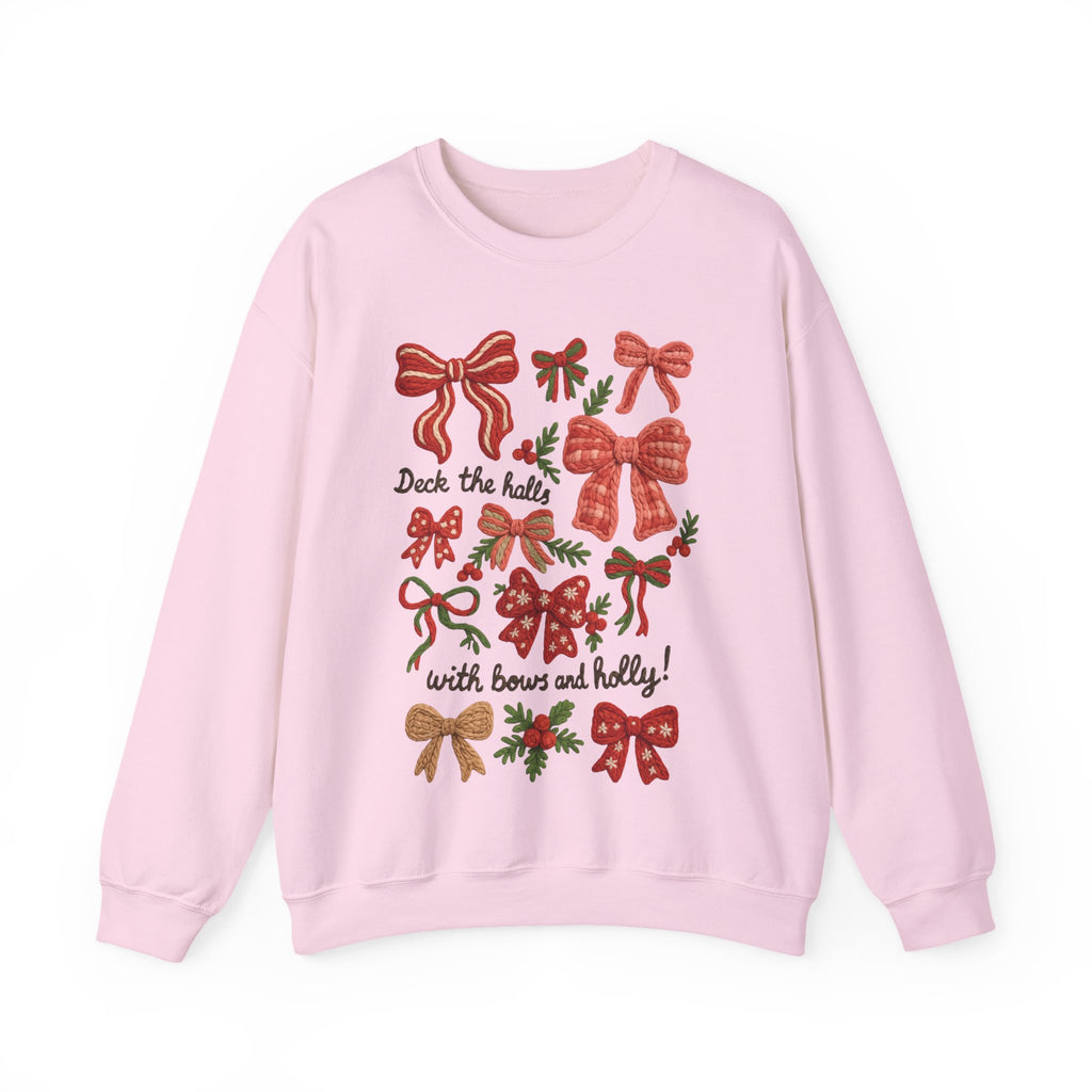 Christmas Bow "Deck the Halls with Bows and Holly" Gildan Sweatshirt, Faux Embroidery,  Holiday Crewneck