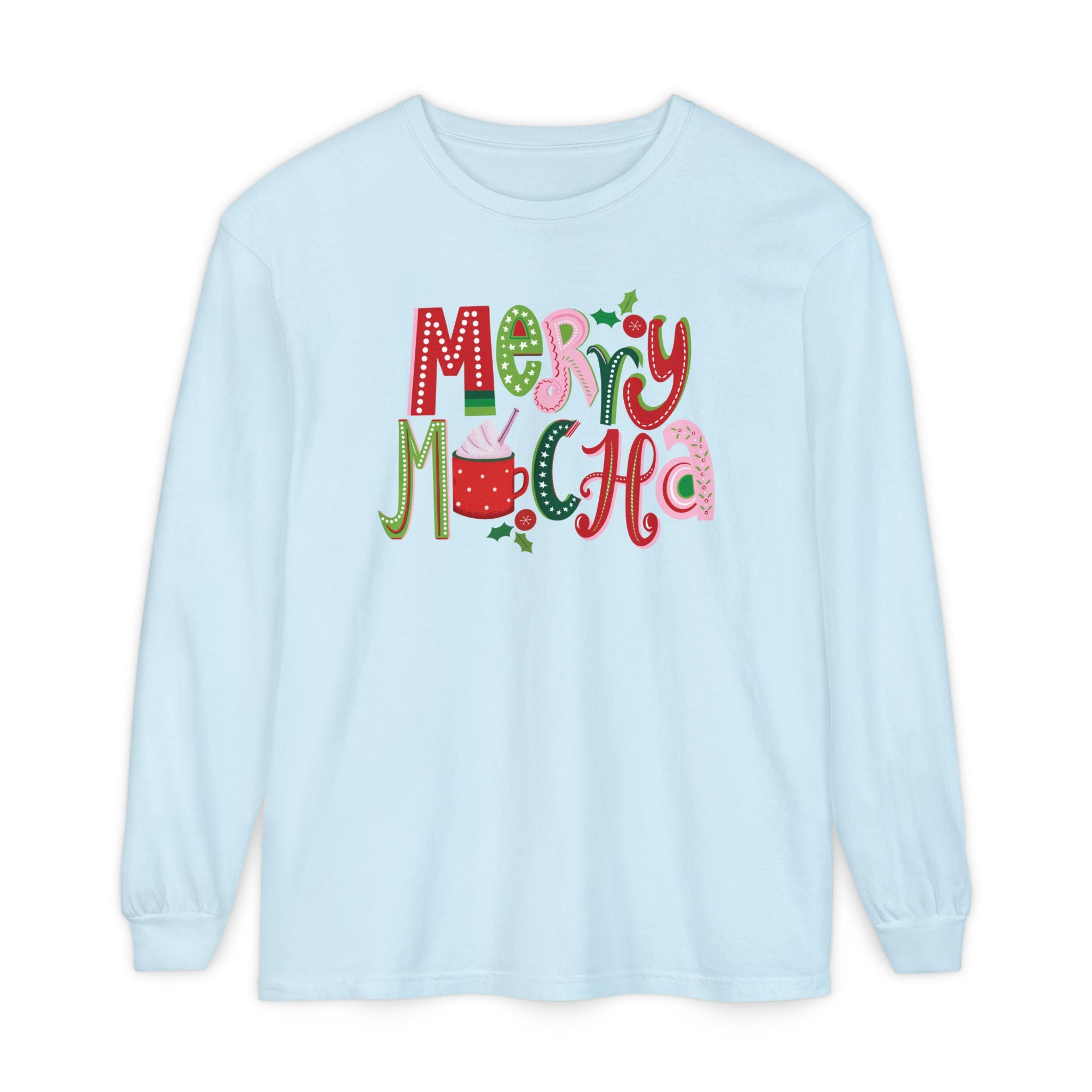 Merry Mocha Christmas Comfort Colors Long Sleeve T-Shirt, Cute Women's Holiday Tee