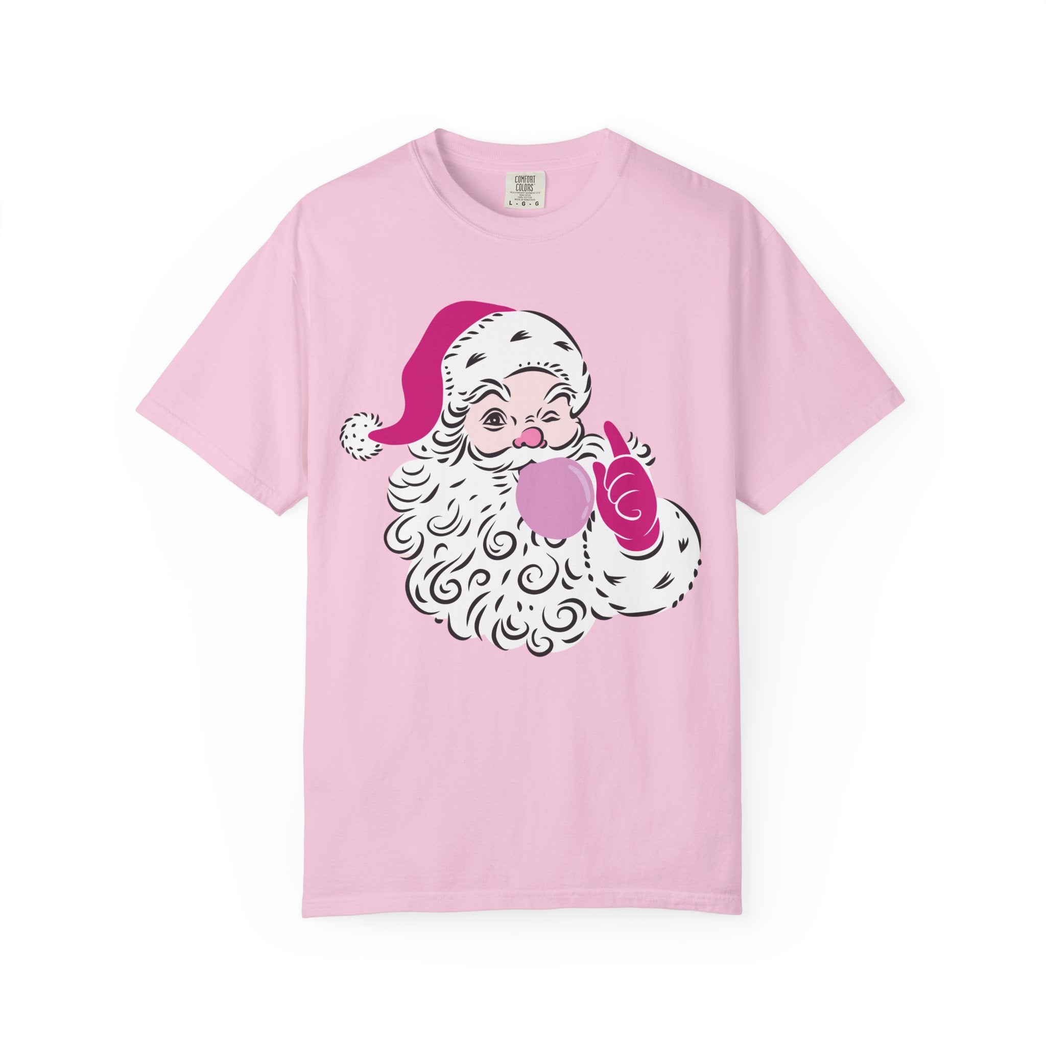 Pink Winking Santa Blowing Bubble Comfort Color T-Shirt. Merry Christmas Tee, Woman's Holiday Shirt