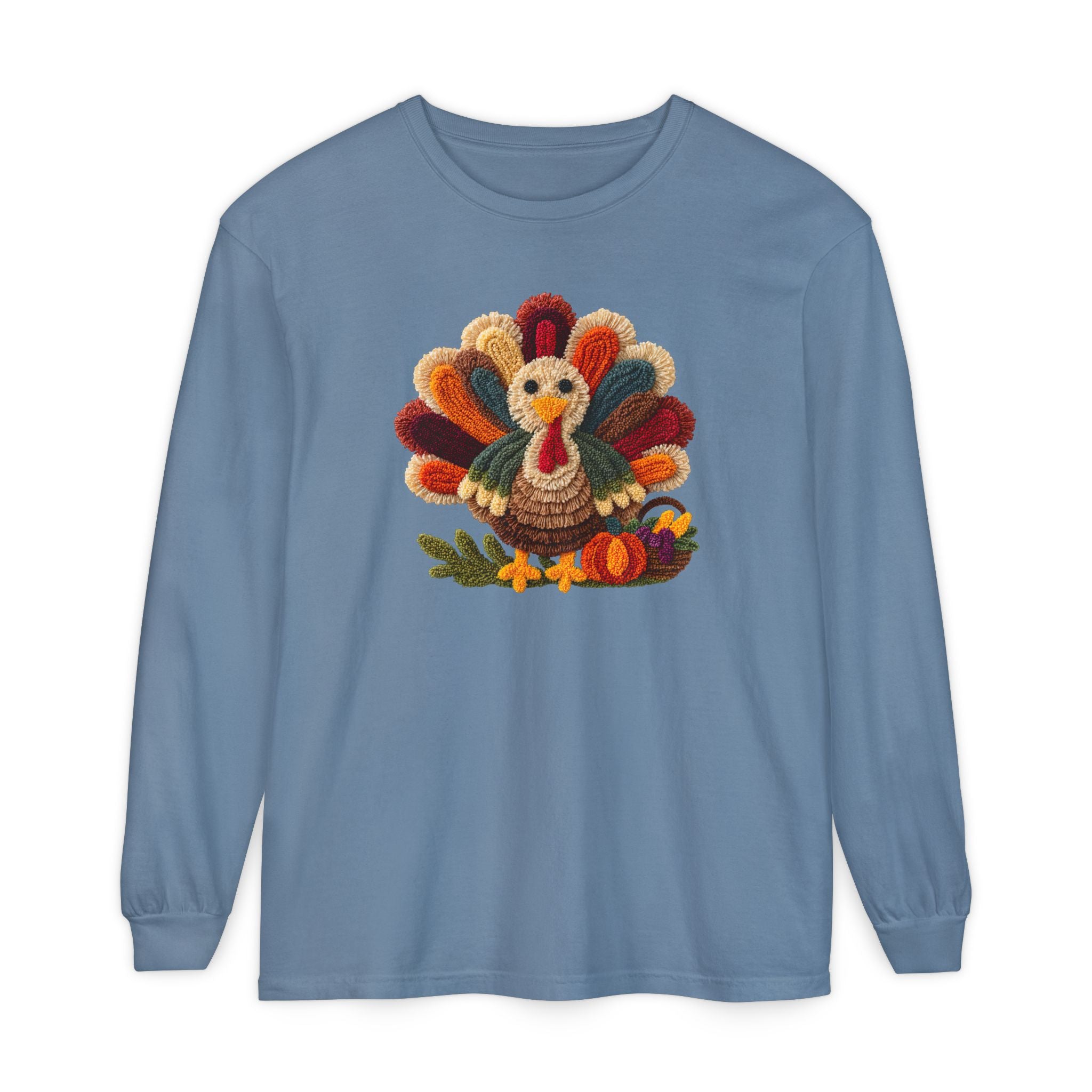 Faux Embroidery Turkey Comfort Colors Long Sleeve T-Shirt, Cute Women's Thanksgiving Shirt