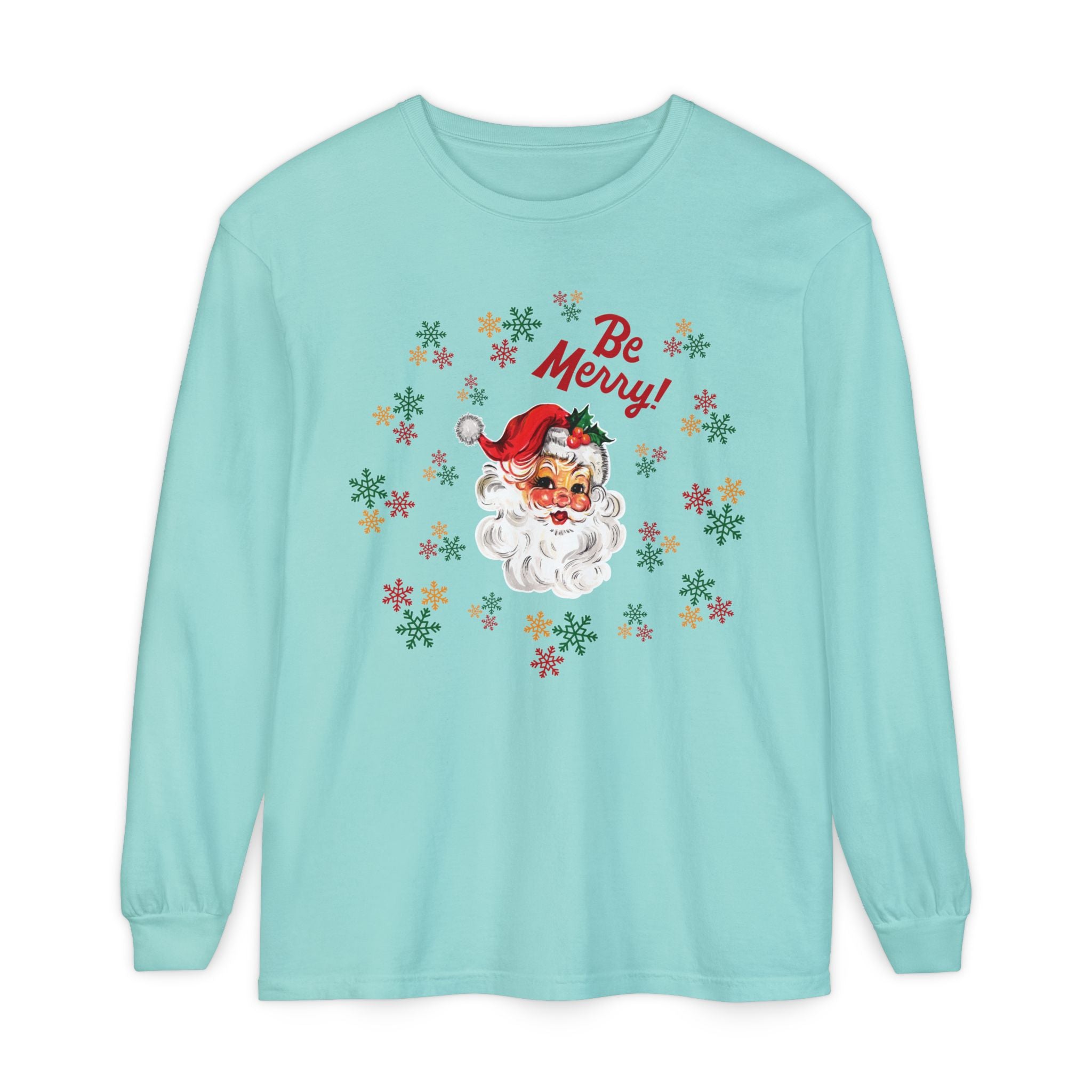 Santa 'Be Merry' Christmas Long Sleeve T-Shirt, Comfort Colors Vintage Santa Holiday Tee