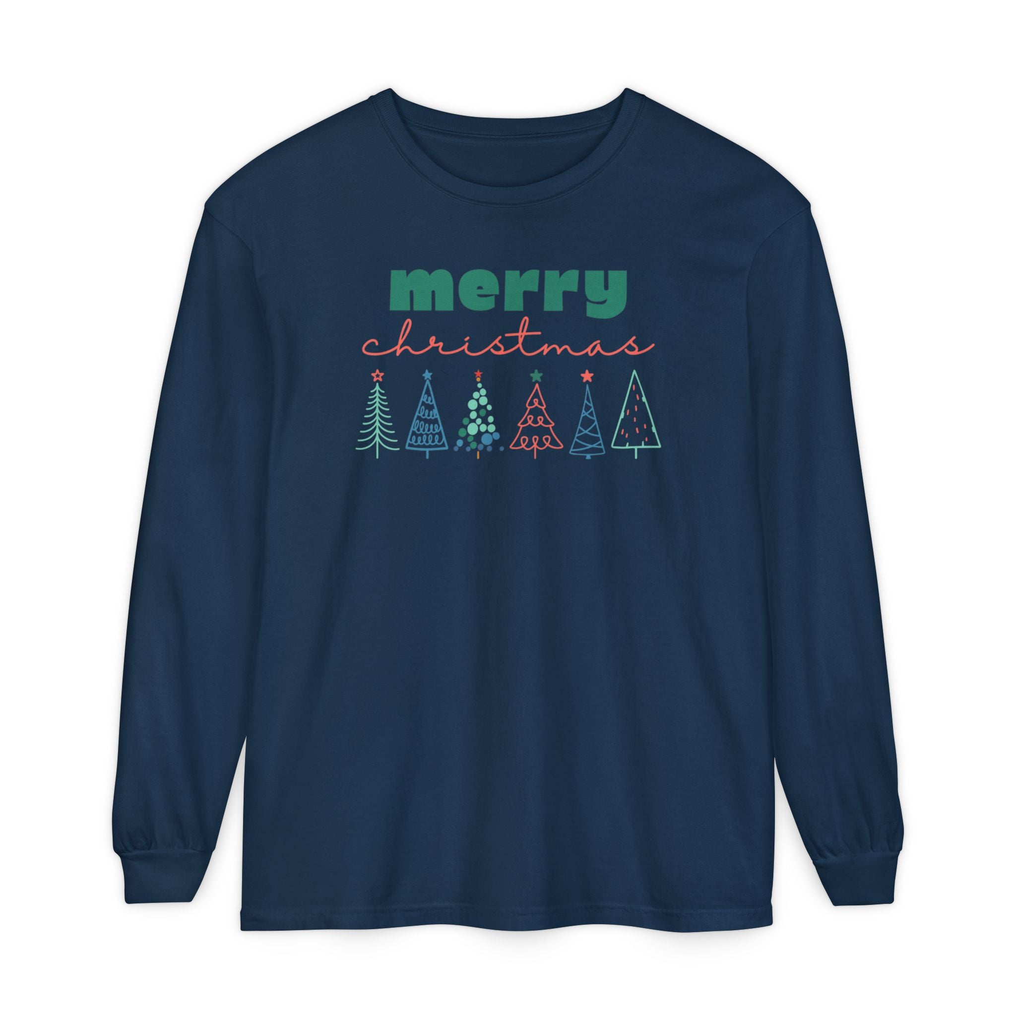 Merry Christmas Line-drawn Christmas Trees Long Sleeve T-shirt, Comfort Colors Holiday Tee