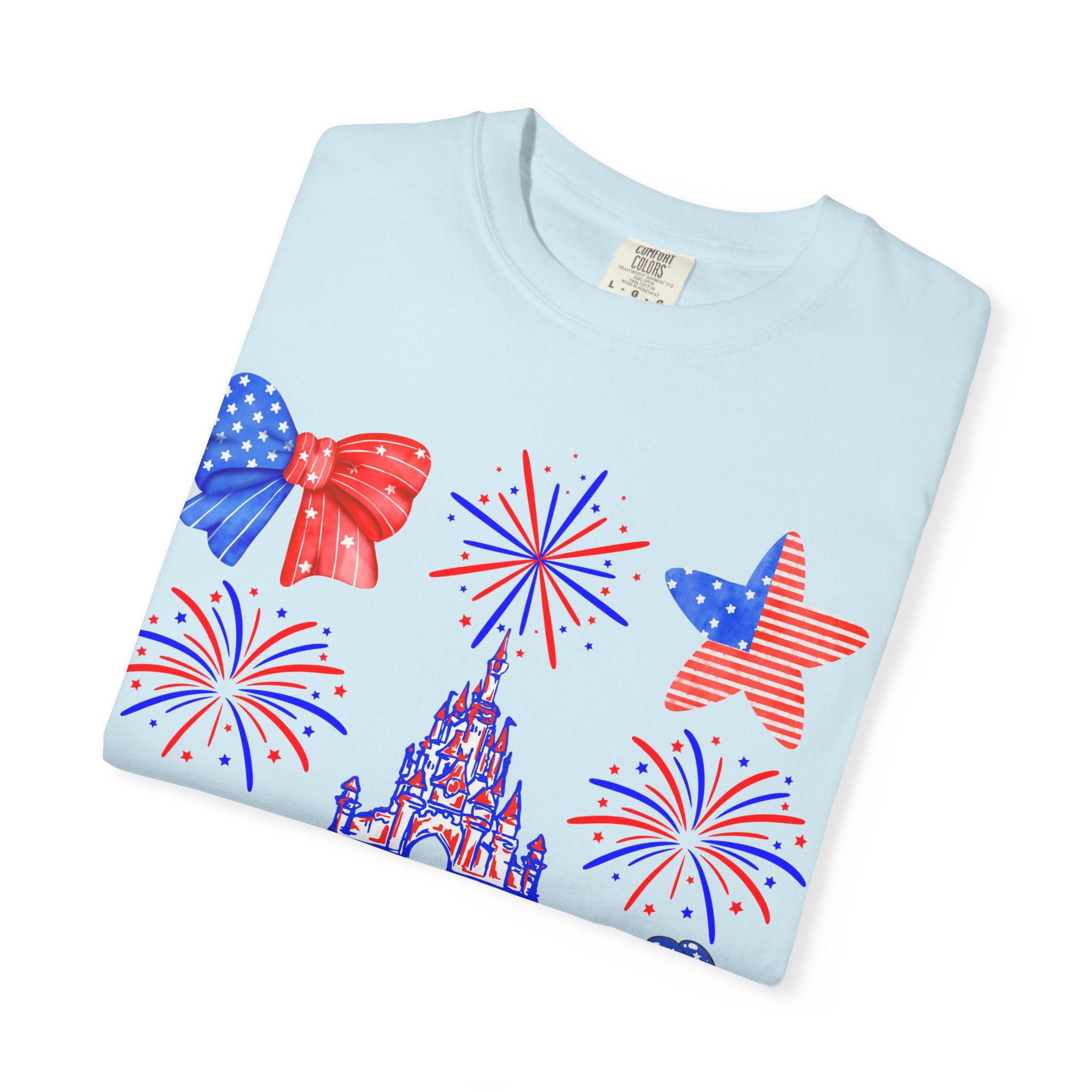 4th of July Disney Coquette Fireworks and Castle shirt, Red White Blue Patriotic bow balloon tee, Stars and Stripes t-shirt, Adult shirt