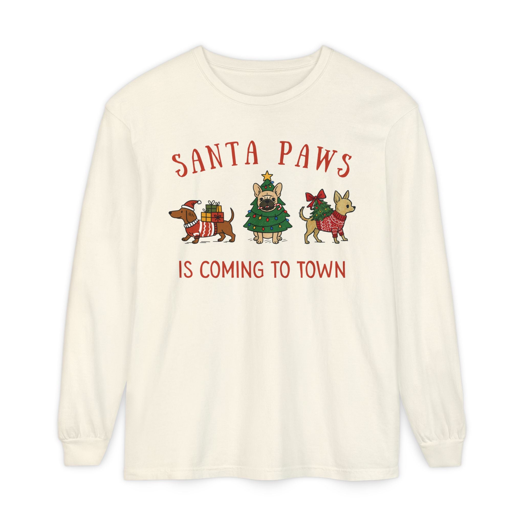 Santa Paws Is Coming To Town Long Sleeve Tee, Christmas Dog t-shirt, Holiday animal shirt